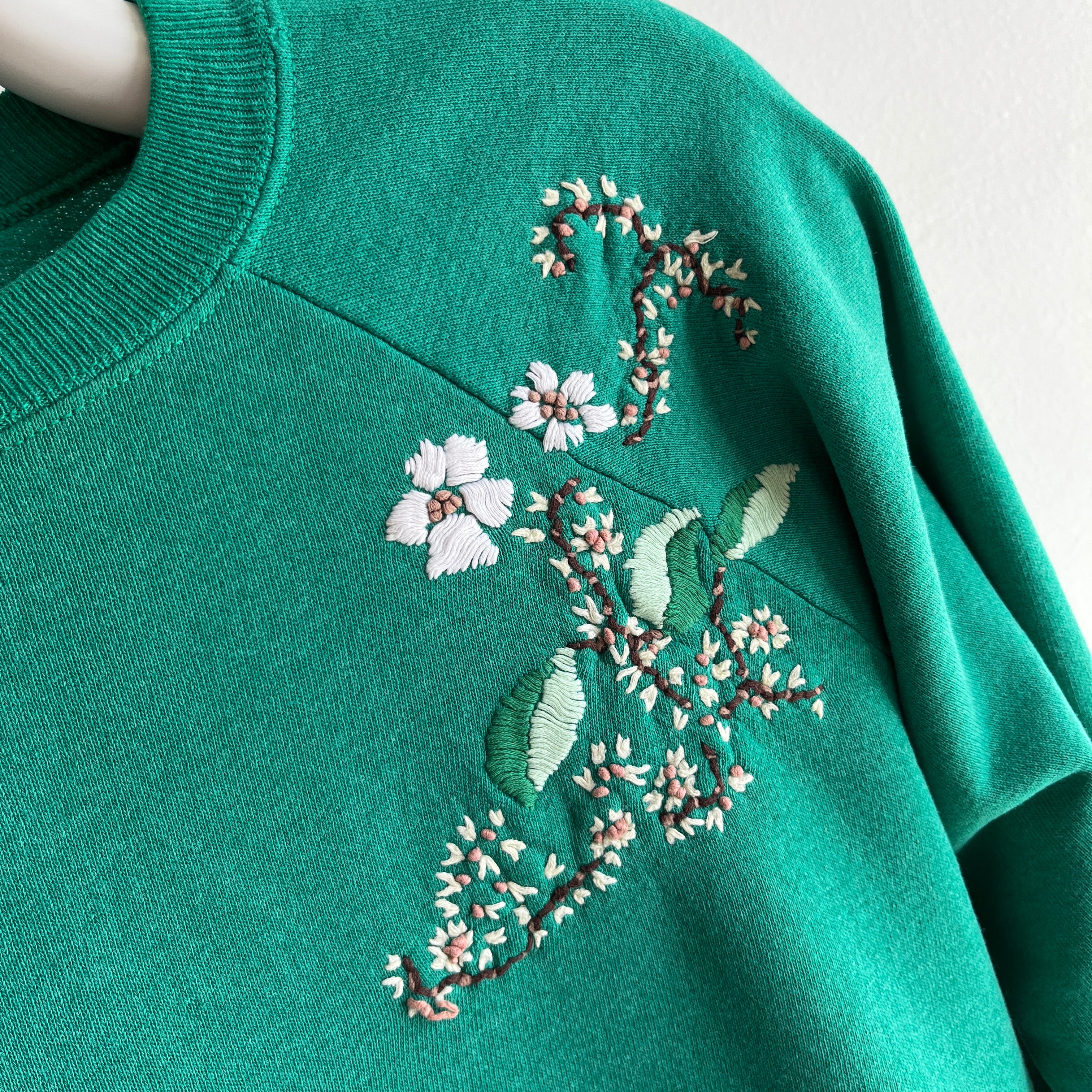 1980s One-Of-A-Kind HAND Embroidered Floral Front and Back Unbelievable Sweatshirt