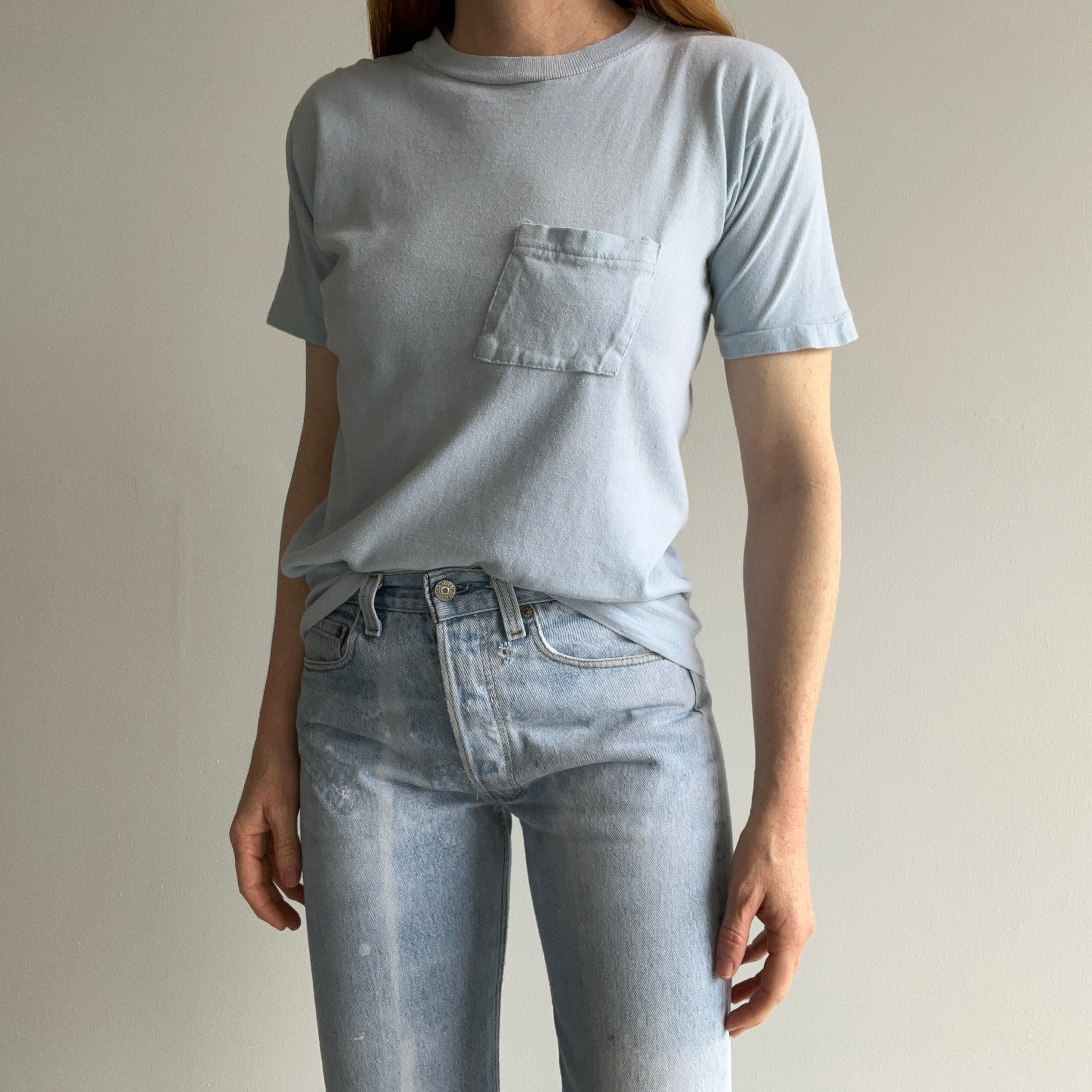 1970s Baby Sky Blue Cotton Knit Pocket T-Shirt