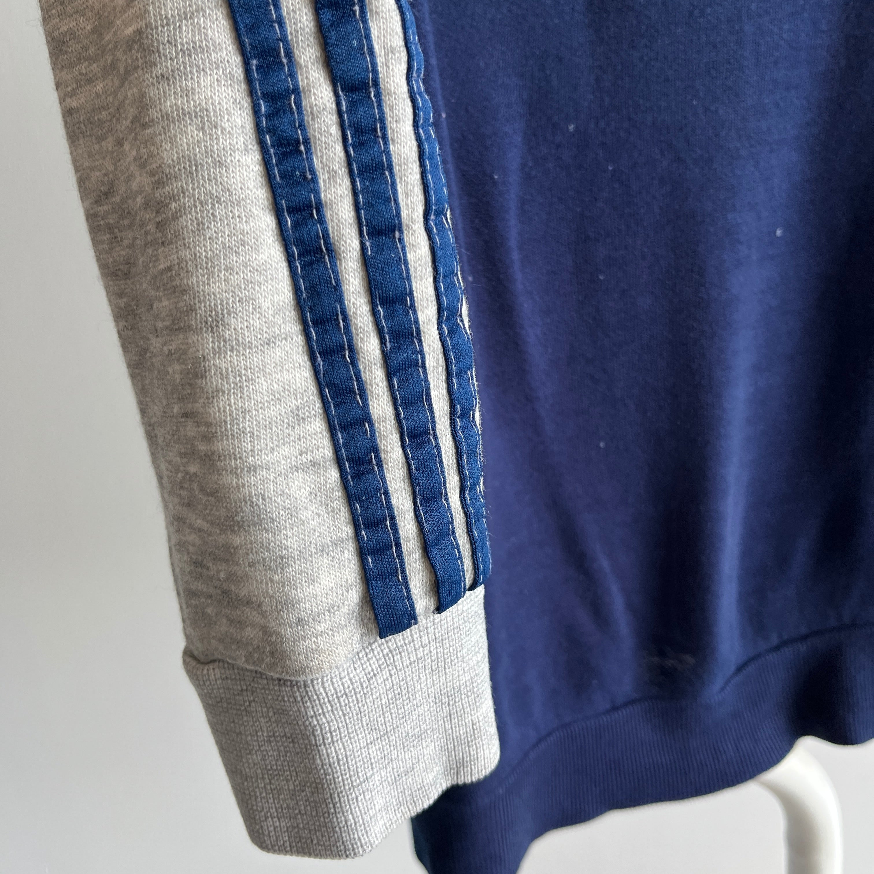1970s Super Thinned Out and Thrashed Triple Stripe V-Neck Sweatshirt