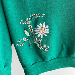 1980s One-Of-A-Kind HAND Embroidered Floral Front and Back Unbelievable Sweatshirt