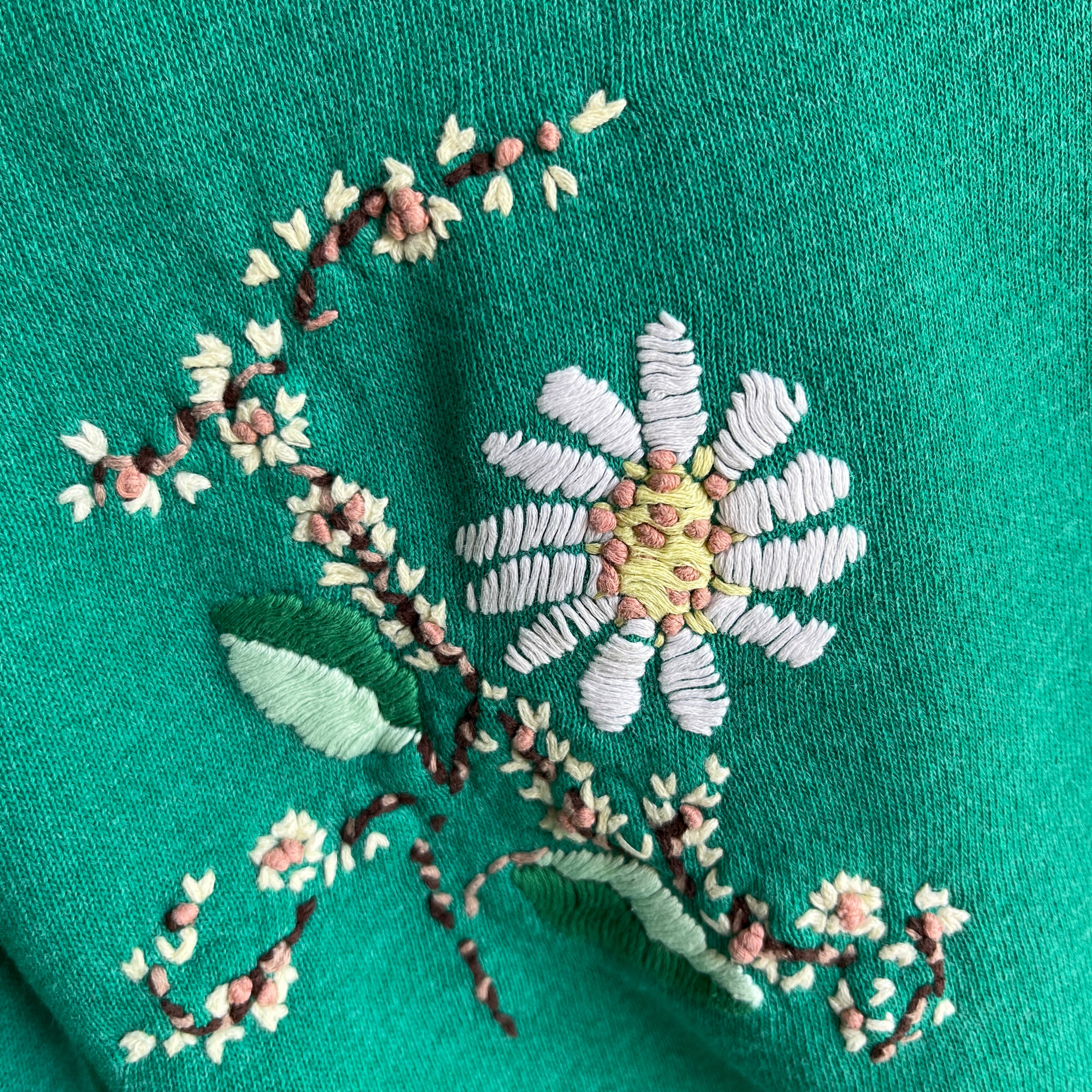 1980s One-Of-A-Kind HAND Embroidered Floral Front and Back Unbelievable Sweatshirt