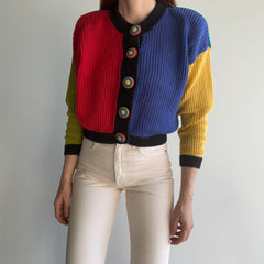 1970s OMFG Crocheted Buttons Color Block Cotton Cropped Cardigan