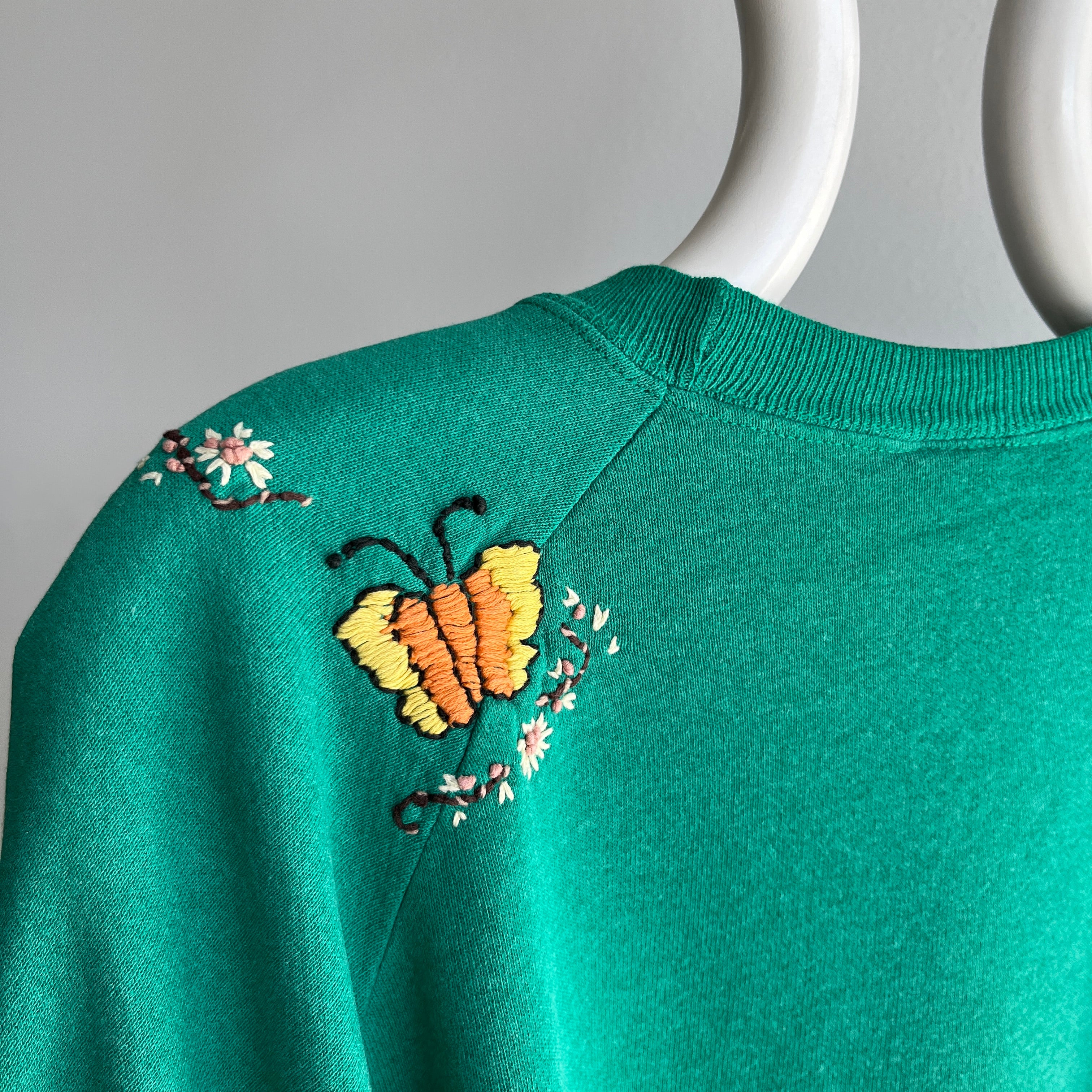 1980s One-Of-A-Kind HAND Embroidered Floral Front and Back Unbelievable Sweatshirt