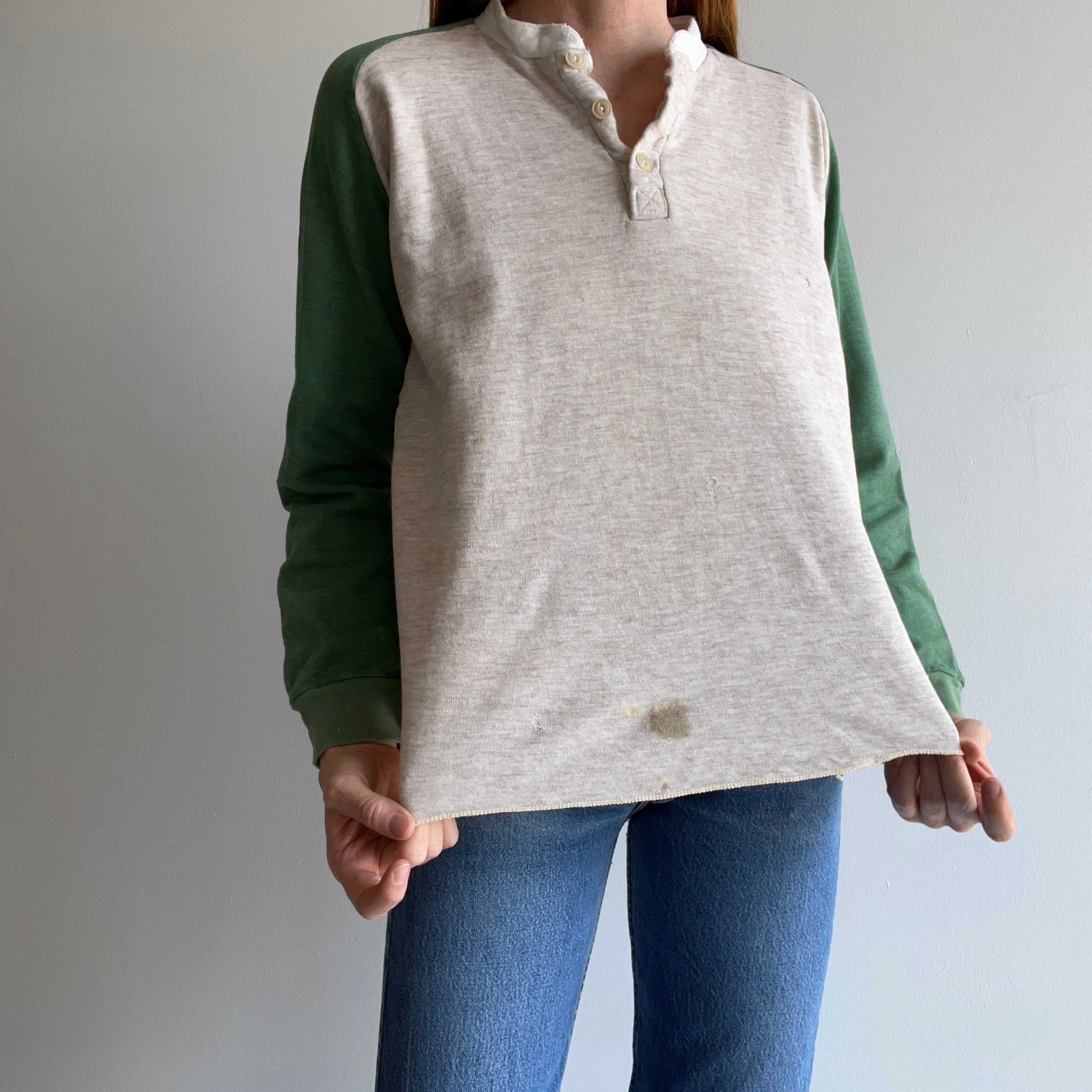 1970s Extremely Paint and Other Stained Worn Duofold Rad Henley Thermal