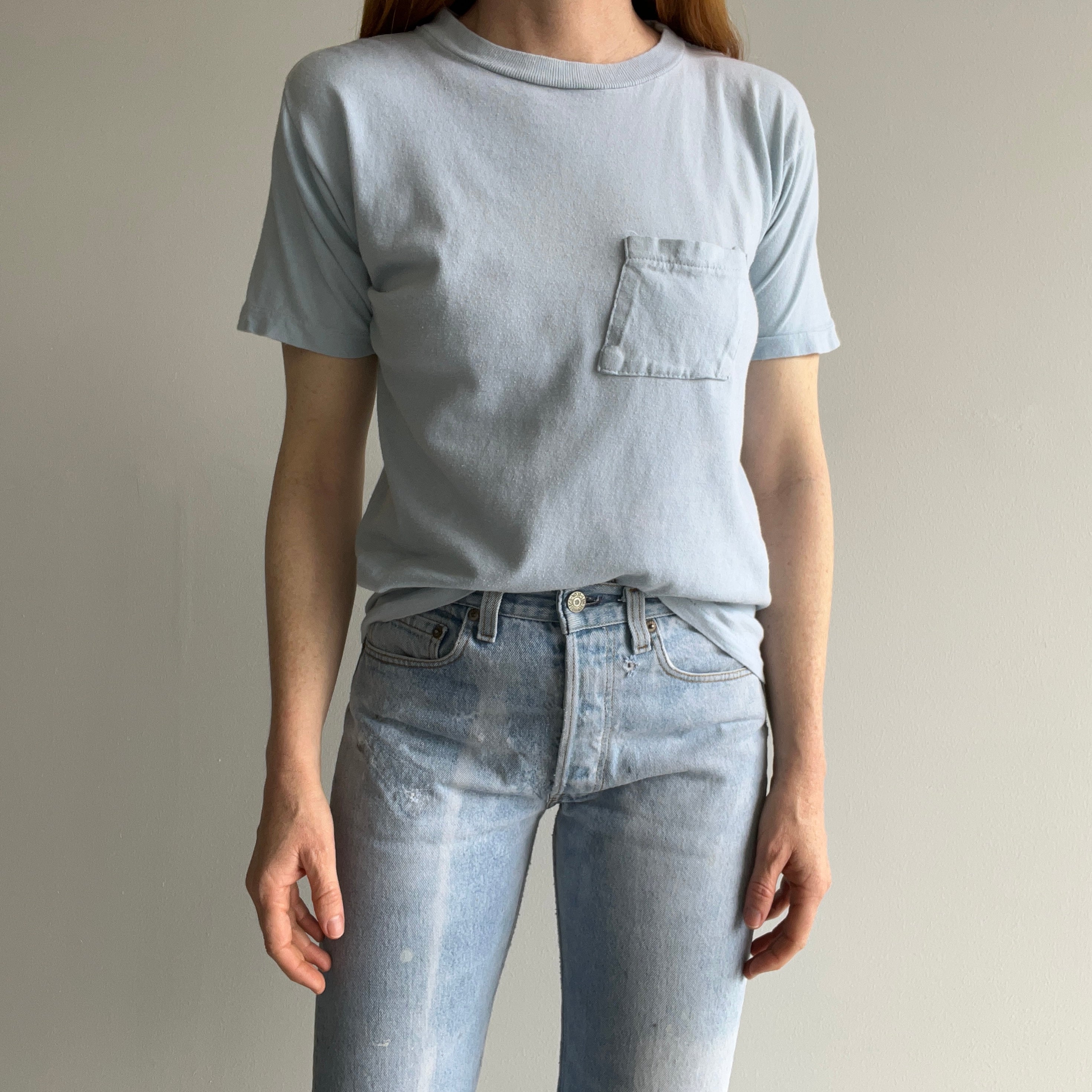 1970s Baby Sky Blue Cotton Knit Pocket T-Shirt