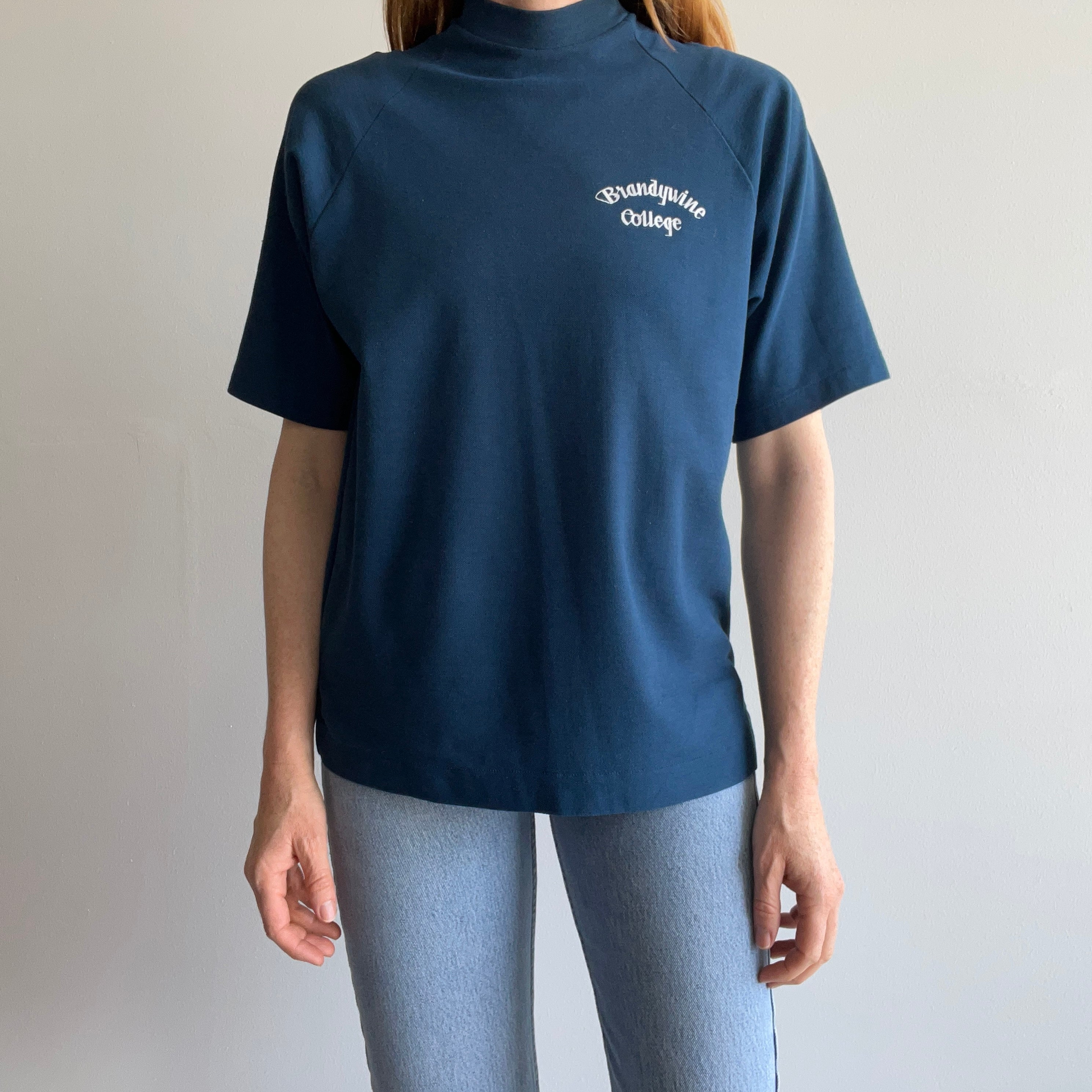 1970s Champion Blue Bar Brandywine College Mock Neck Raglan T-Shirt