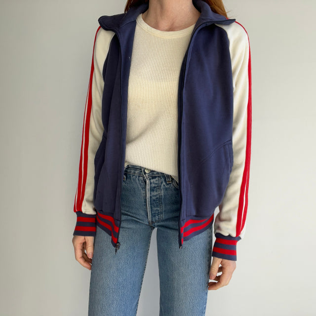 1980s Red (off) White and Blue Triple Stripe Super Duper Soft Zip Up