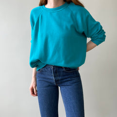 1980s Turquoise Super Thinned Out and Slouchy Blank Raglan by Bassett Walker