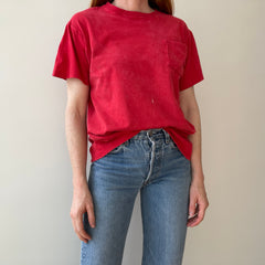 1980s Sun Faded and Bleach Stained Red Pocket Cotton T-Shirt