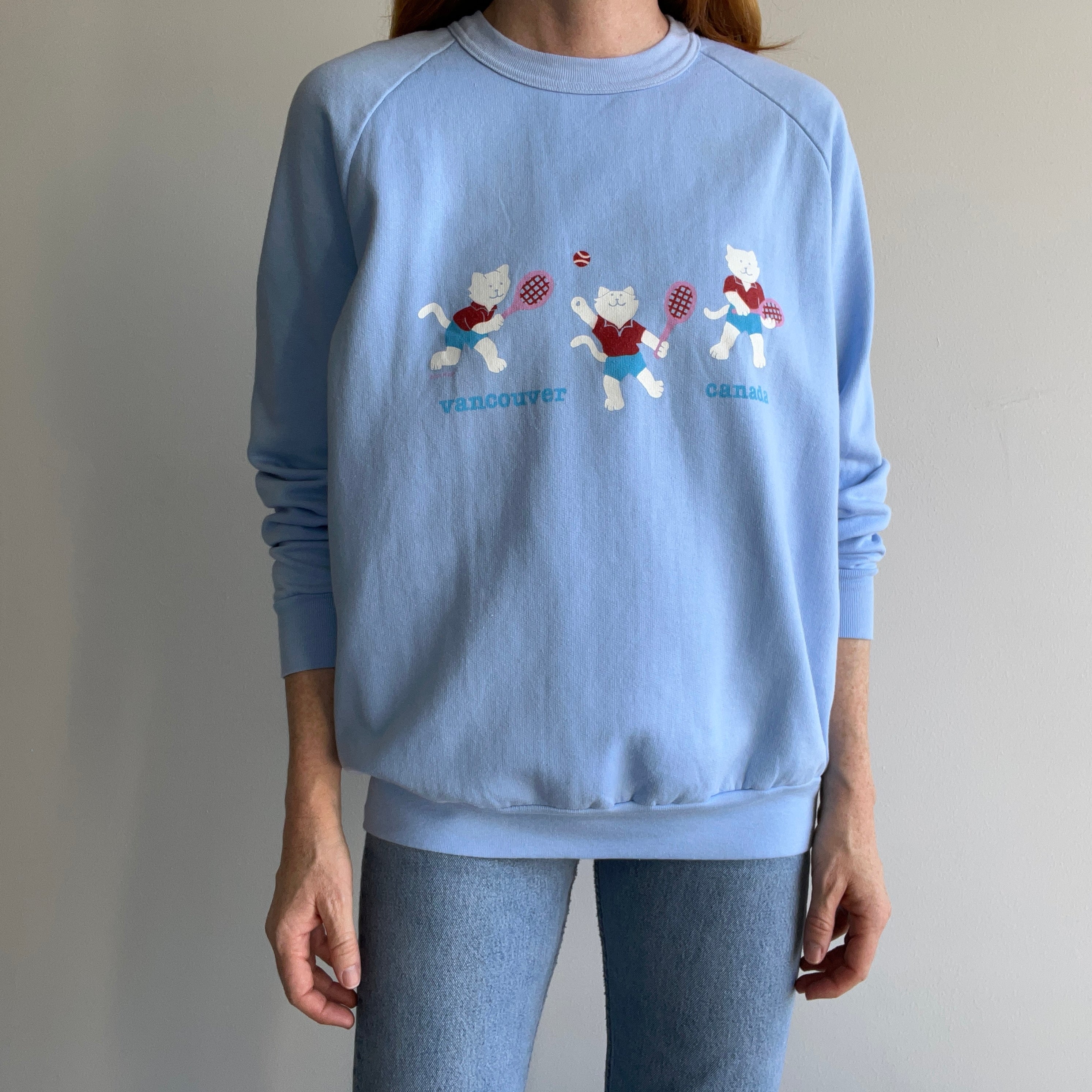 1980s Canada Cats Playing Tennis Barely Worn Sweatshirt