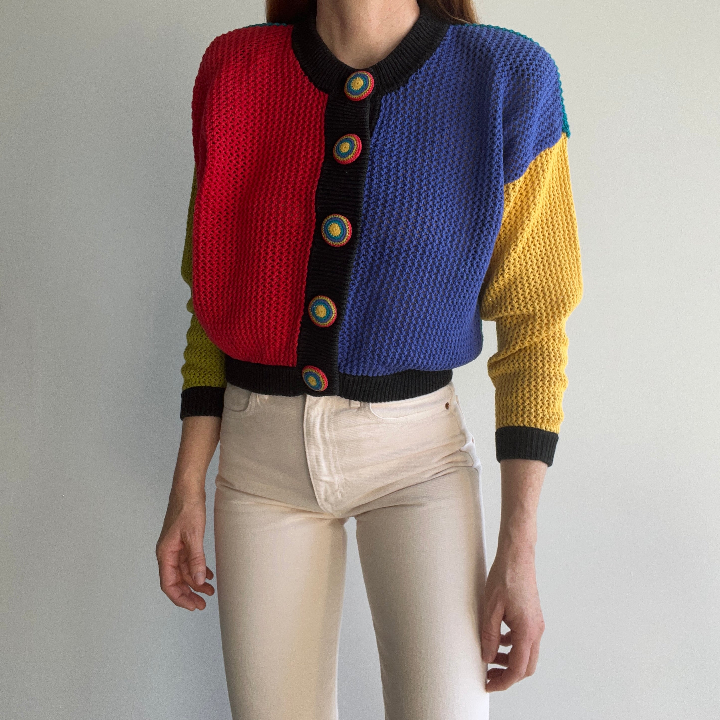 1970s OMFG Crocheted Buttons Color Block Cotton Cropped Cardigan