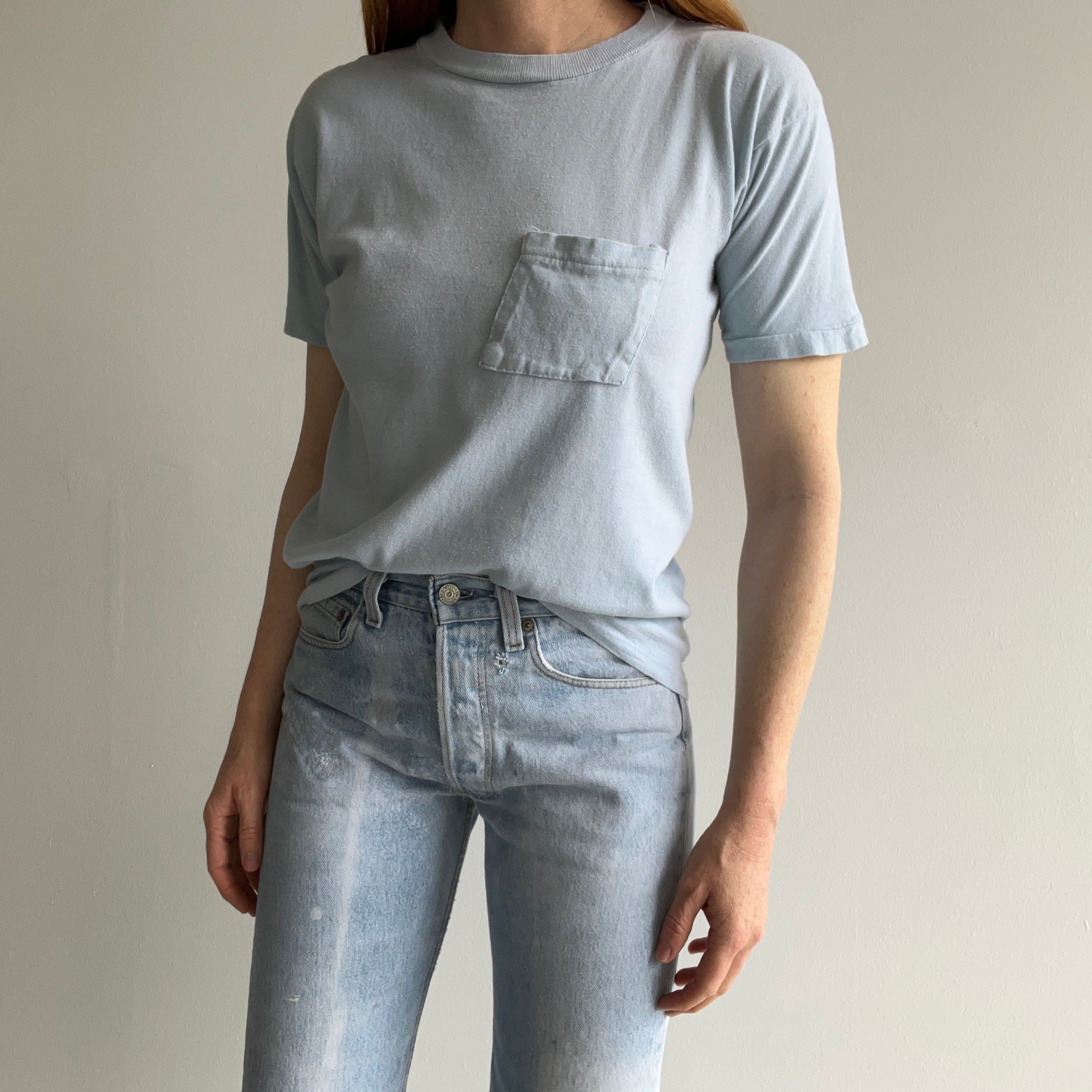 1970s Baby Sky Blue Cotton Knit Pocket T-Shirt