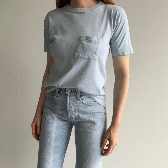 1970s Baby Sky Blue Cotton Knit Pocket T-Shirt