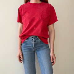 1980s Sun Faded and Bleach Stained Red Pocket Cotton T-Shirt