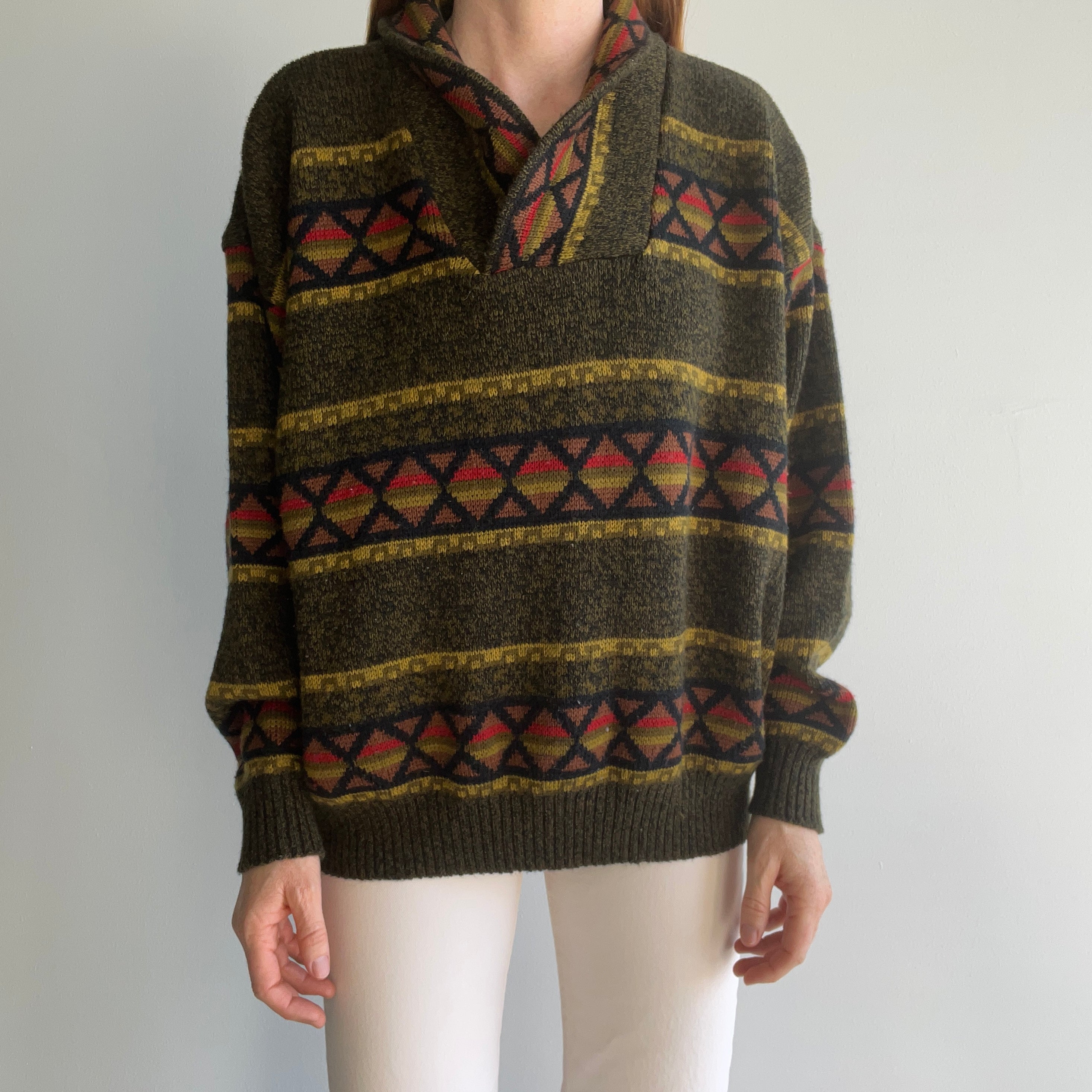 1980s Shawl Collar Fall Hued Grandpa Sweater