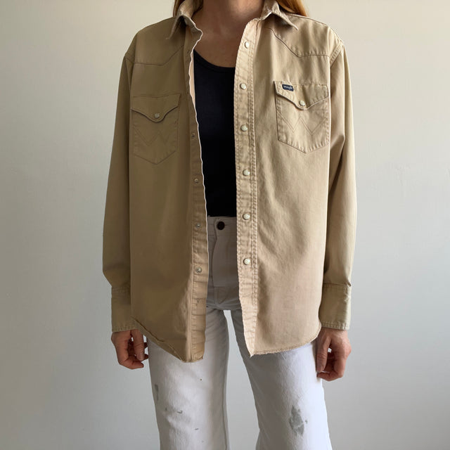 1990s Cotton Wrangler Cowboy Snap Front Khaki Shirt - THIS