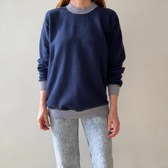 1980/90s Blank Navy Heavyweight Sweatshirt with Striped Collar and Cuffs - !!!