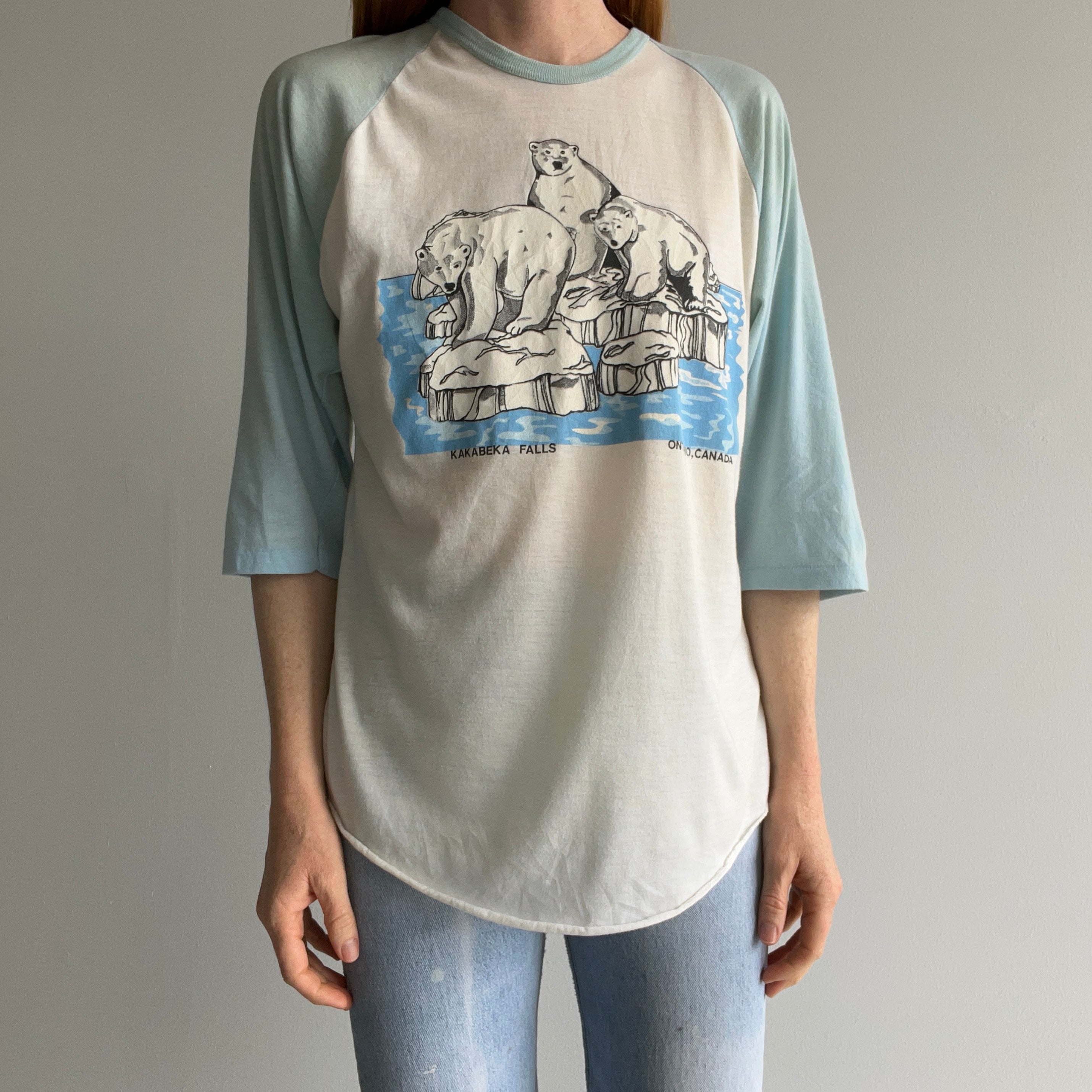 1970/80s Polar Bear Kakabeka Falls, Ontario Canada Aged Baseball T-Shirt