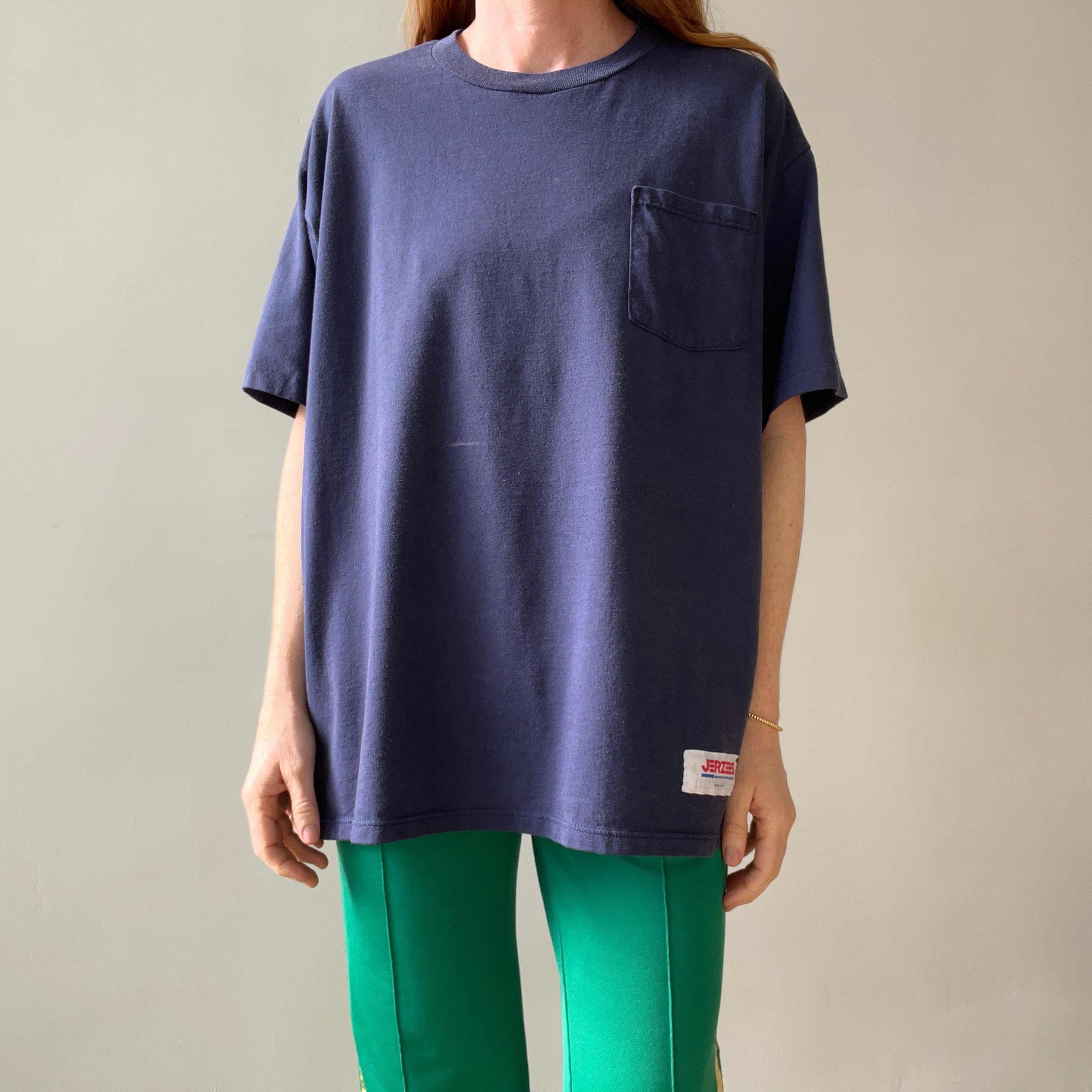 1990s Blank Navy Blue Pocket T Shirt