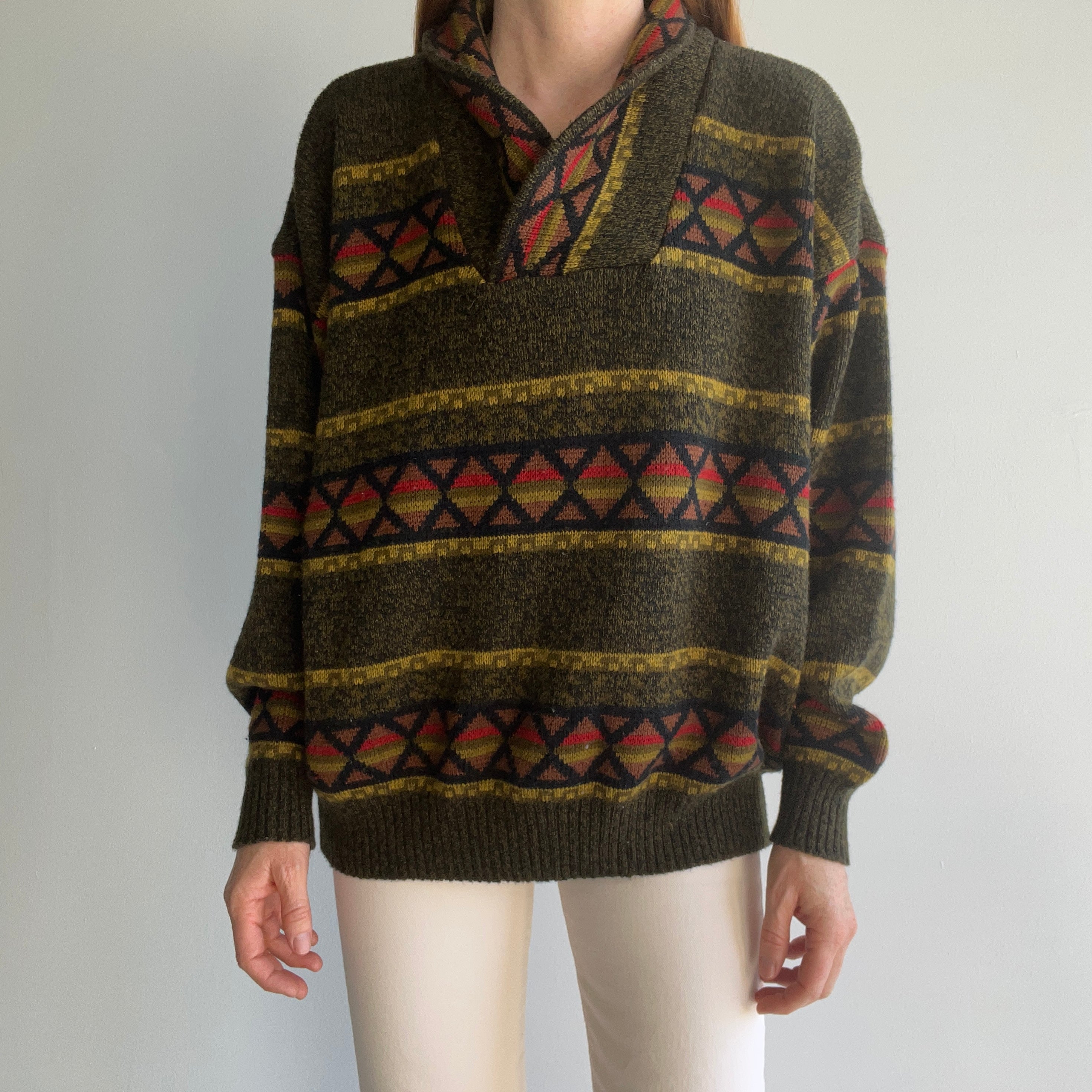 1980s Shawl Collar Fall Hued Grandpa Sweater