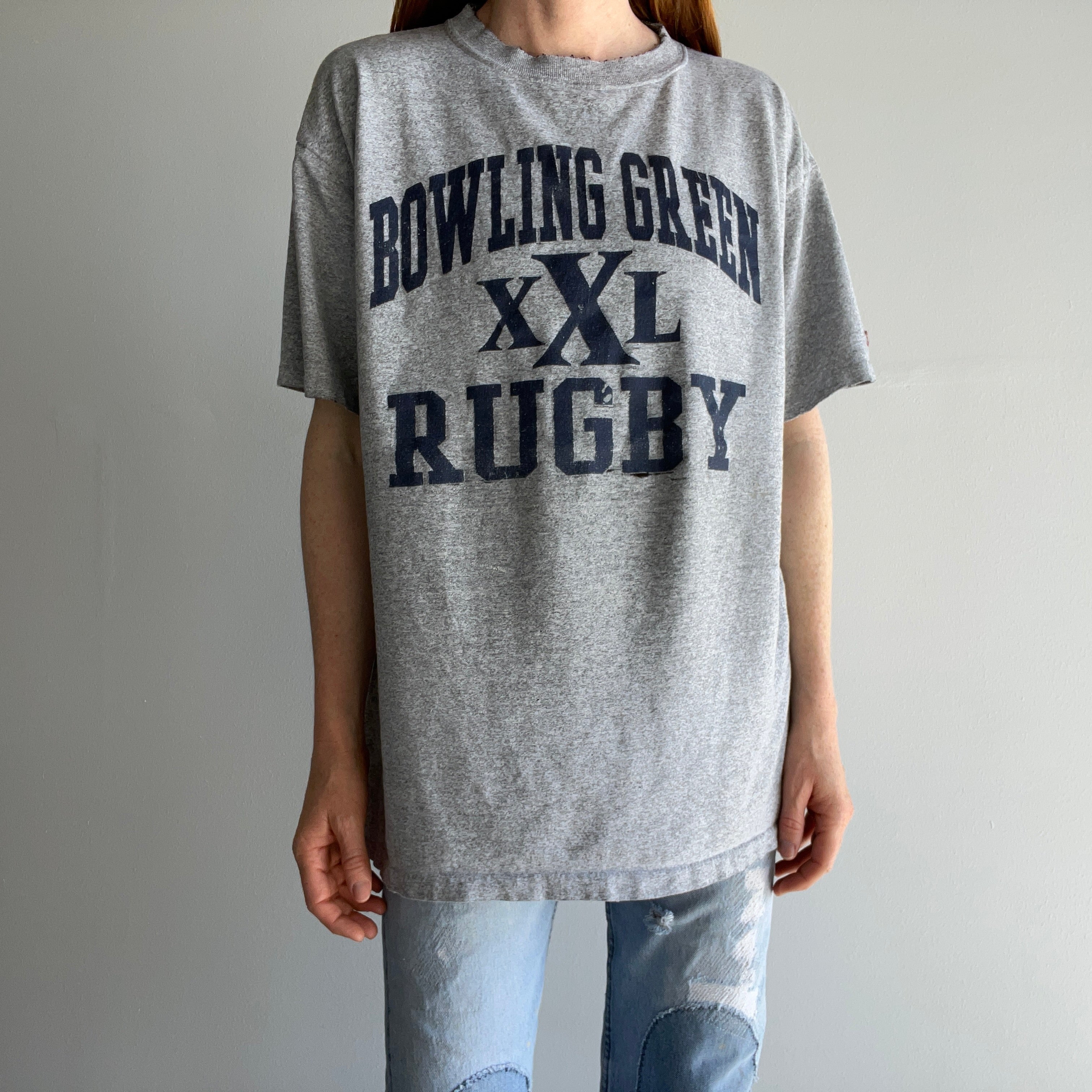 1990s Bowling Green Rugby Thinned Out and Tattered Shoulders T-Shirt