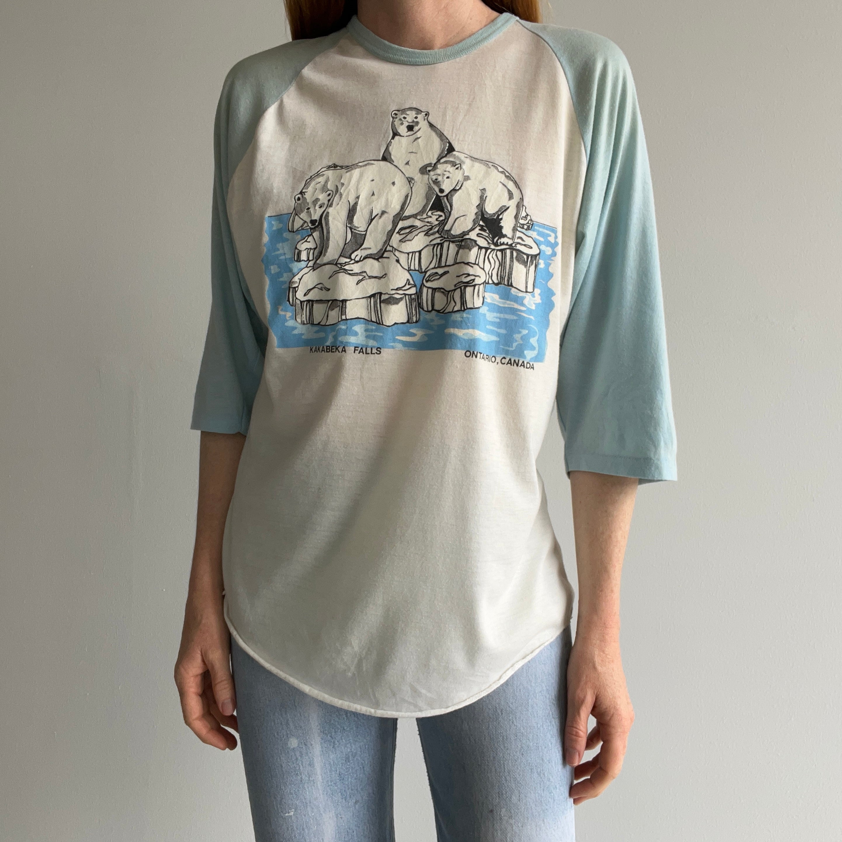 1970/80s Polar Bear Kakabeka Falls, Ontario Canada Aged Baseball T-Shirt