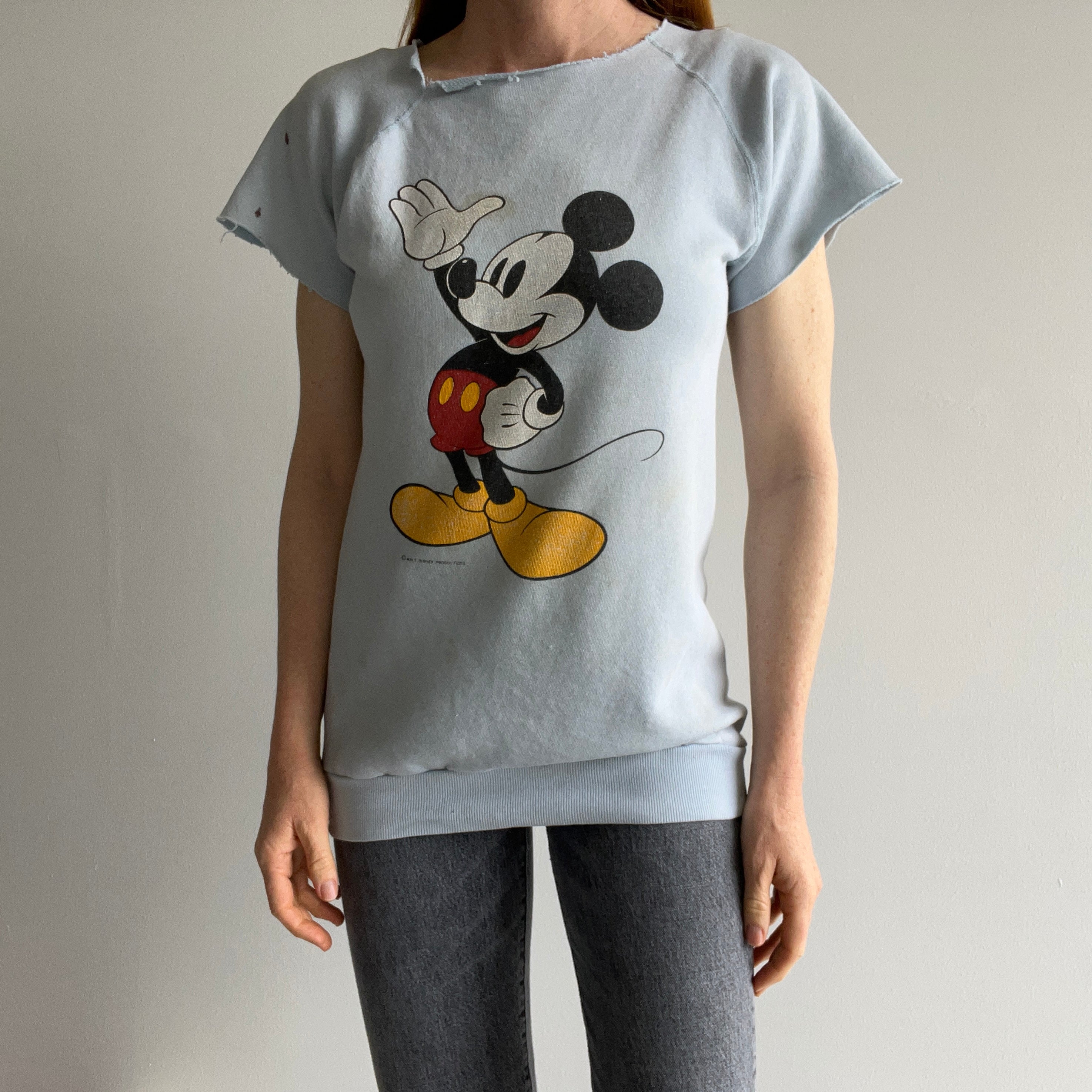 1970s Destroyed and Stained 70s Front and Back Mickey Cut Sleeve Warm Up