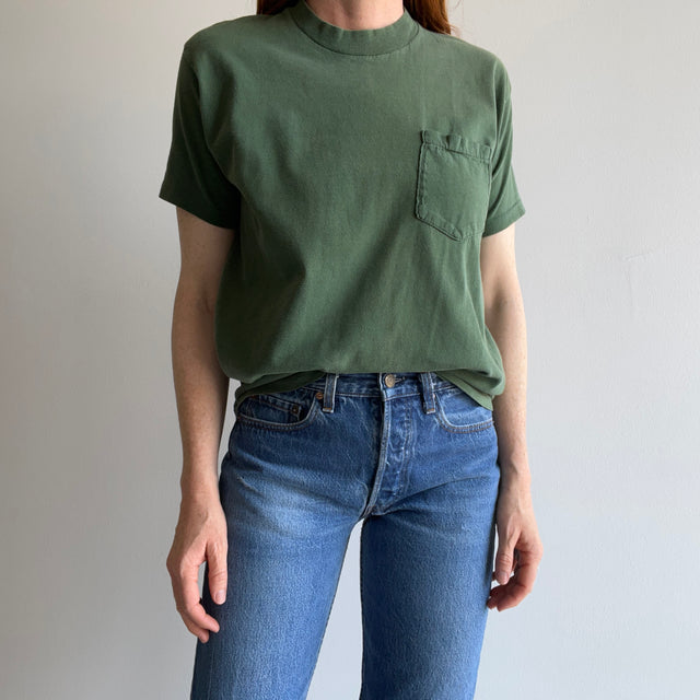 1980s Faded Forest Green Cotton Pocket T-Shirt