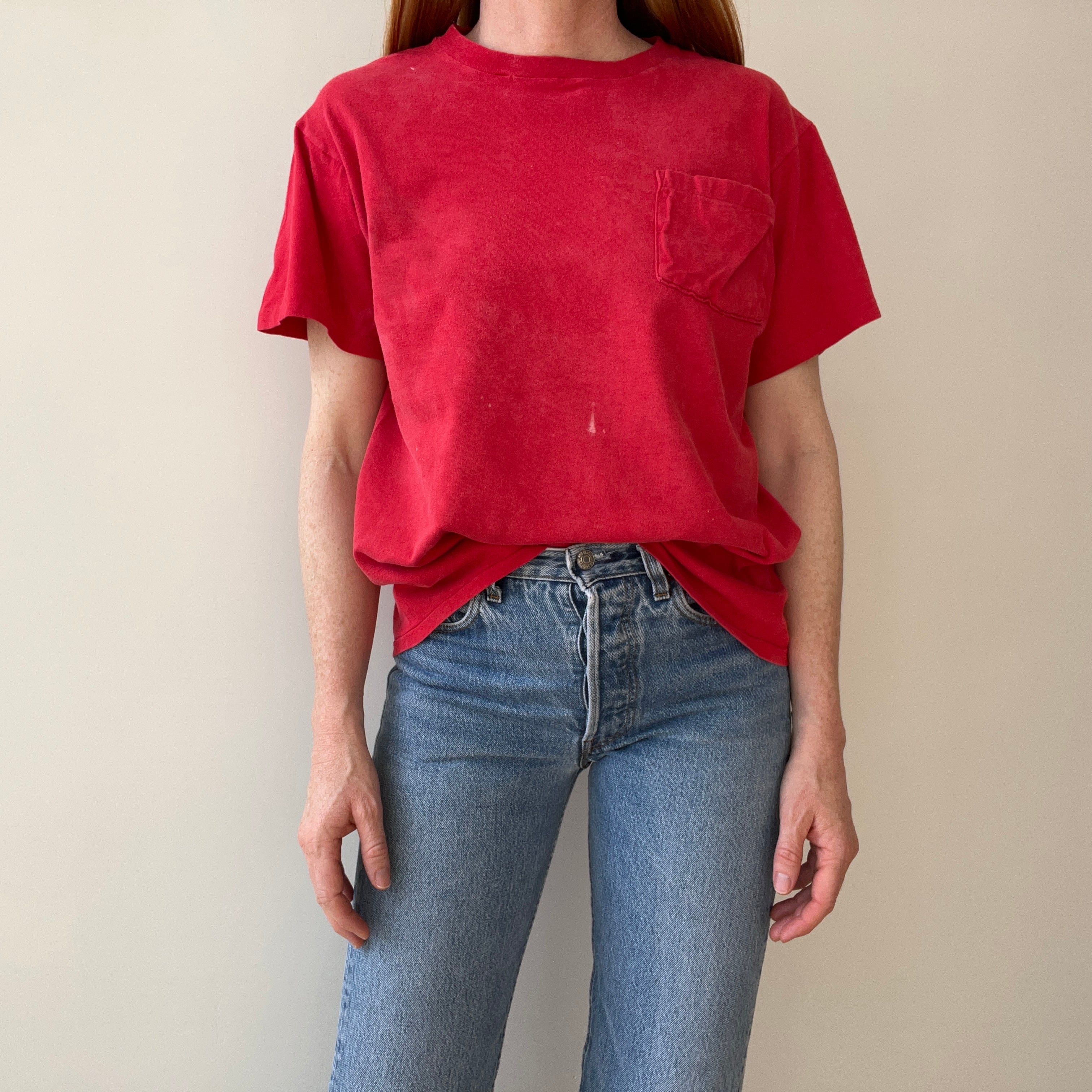 1980s Sun Faded and Bleach Stained Red Pocket Cotton T-Shirt