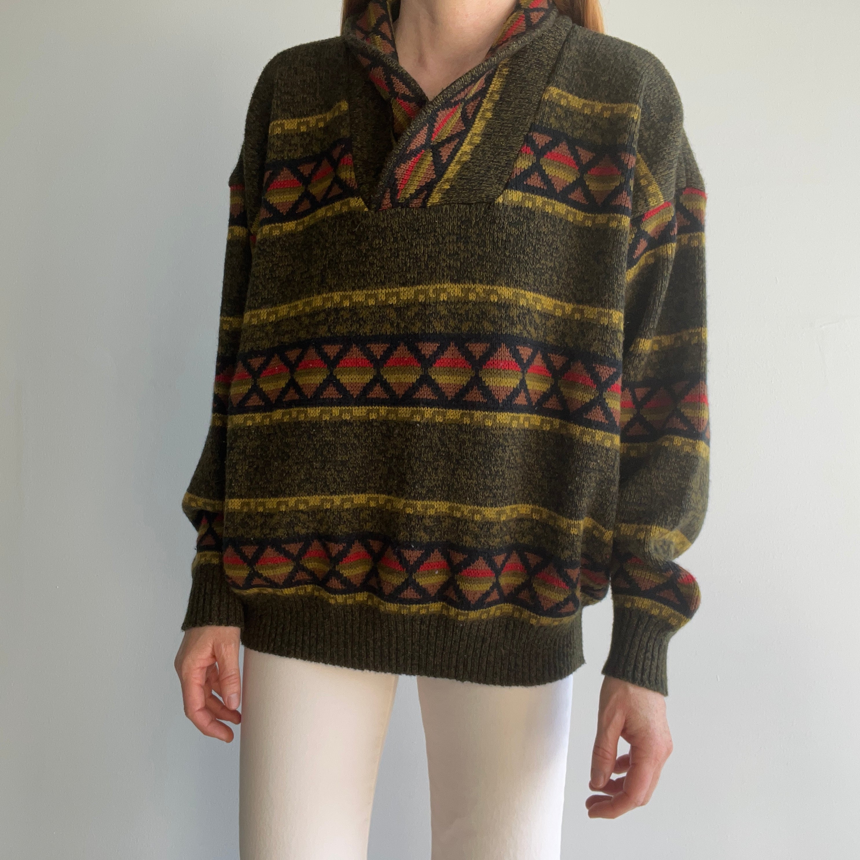 1980s Shawl Collar Fall Hued Grandpa Sweater