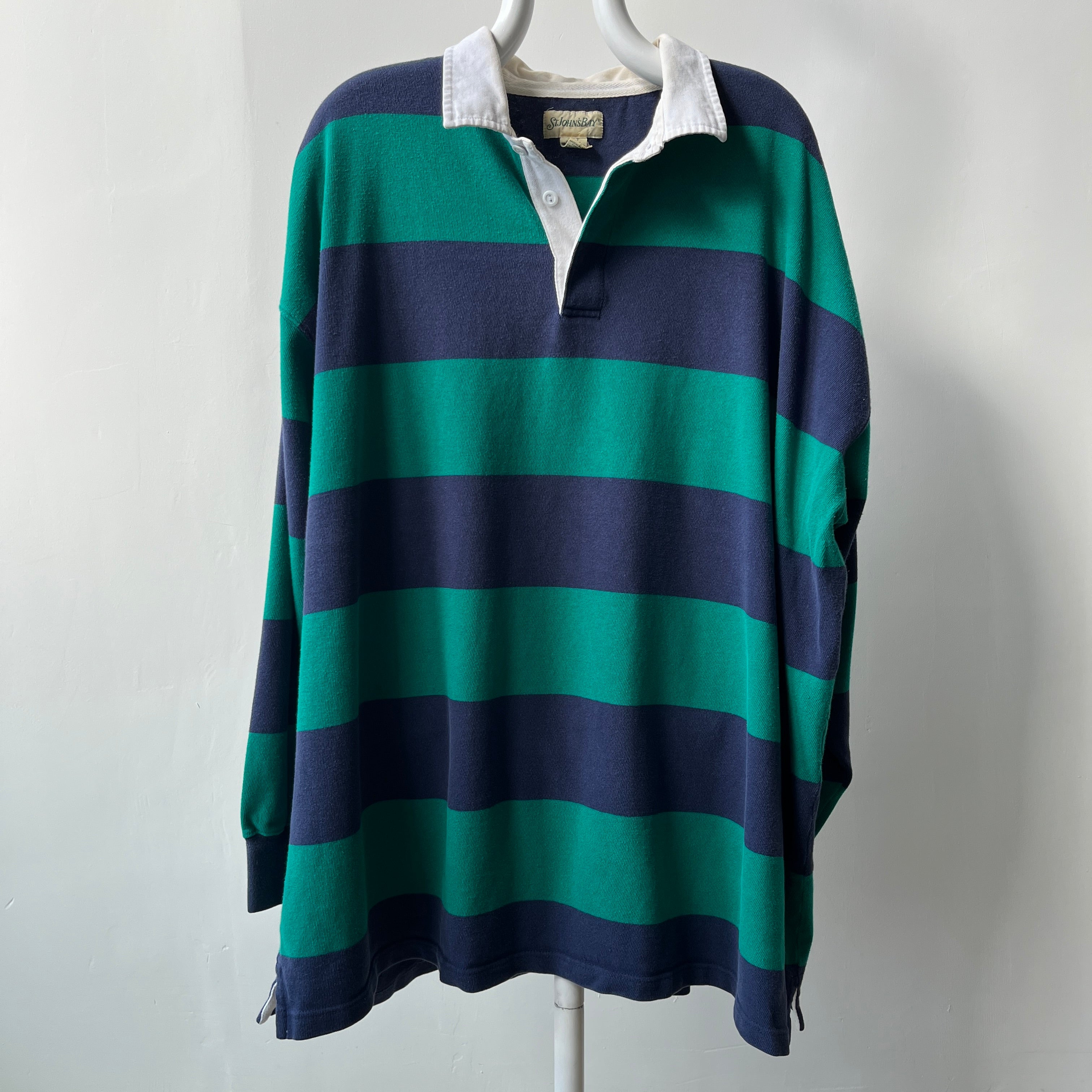 1980/90s Larger Soft and Slouchy Navy and Teal Rugby Shirt