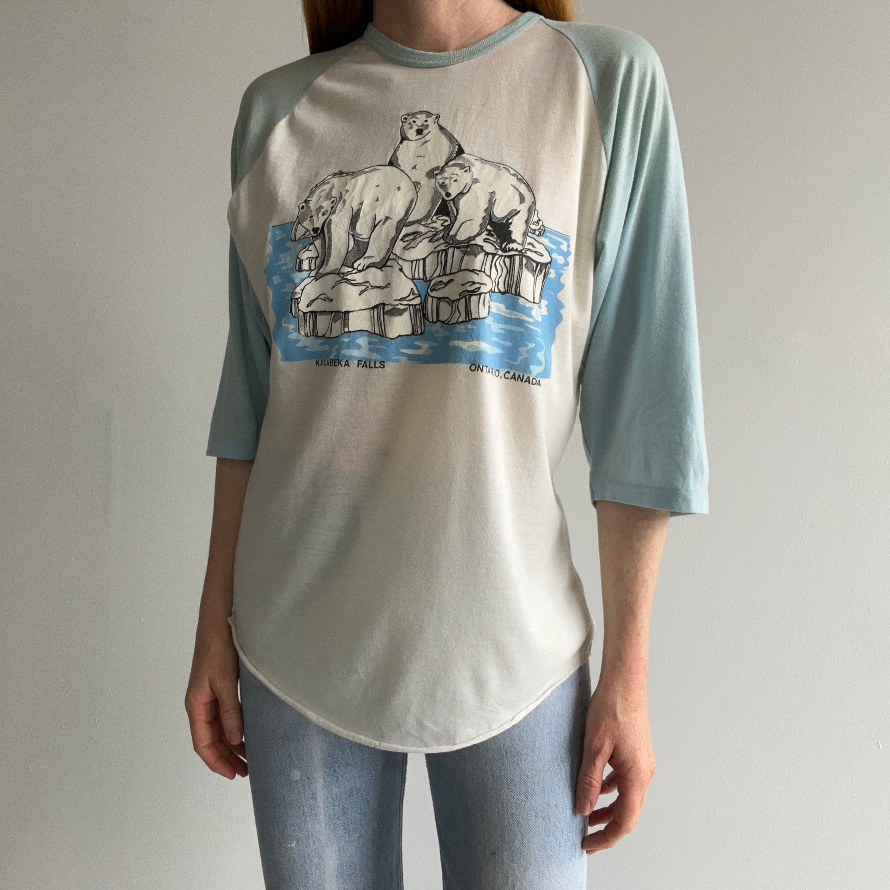 1970/80s Polar Bear Kakabeka Falls, Ontario Canada Aged Baseball T-Shirt