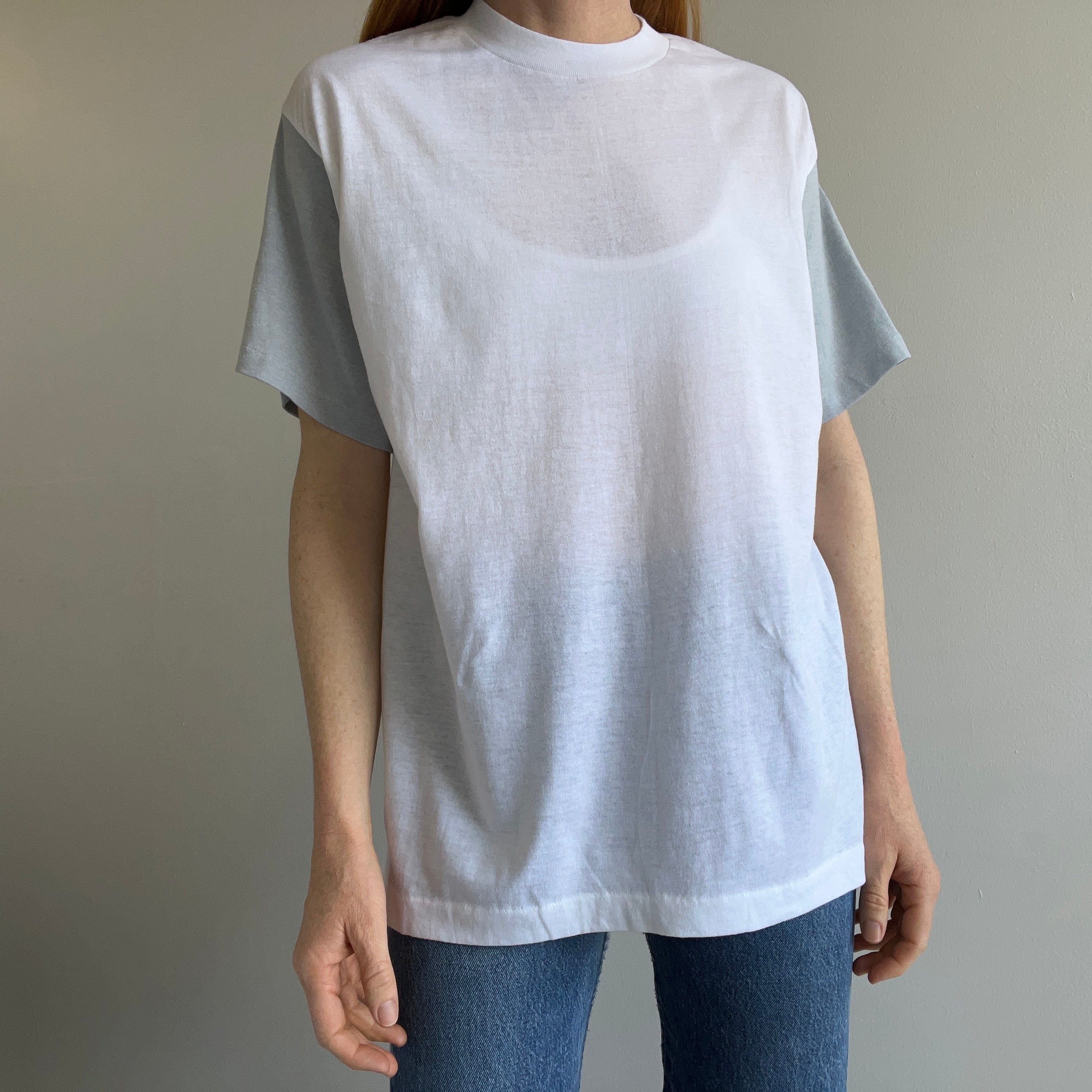 1980s Never Worn White and Gray Color Block T-Shirt
