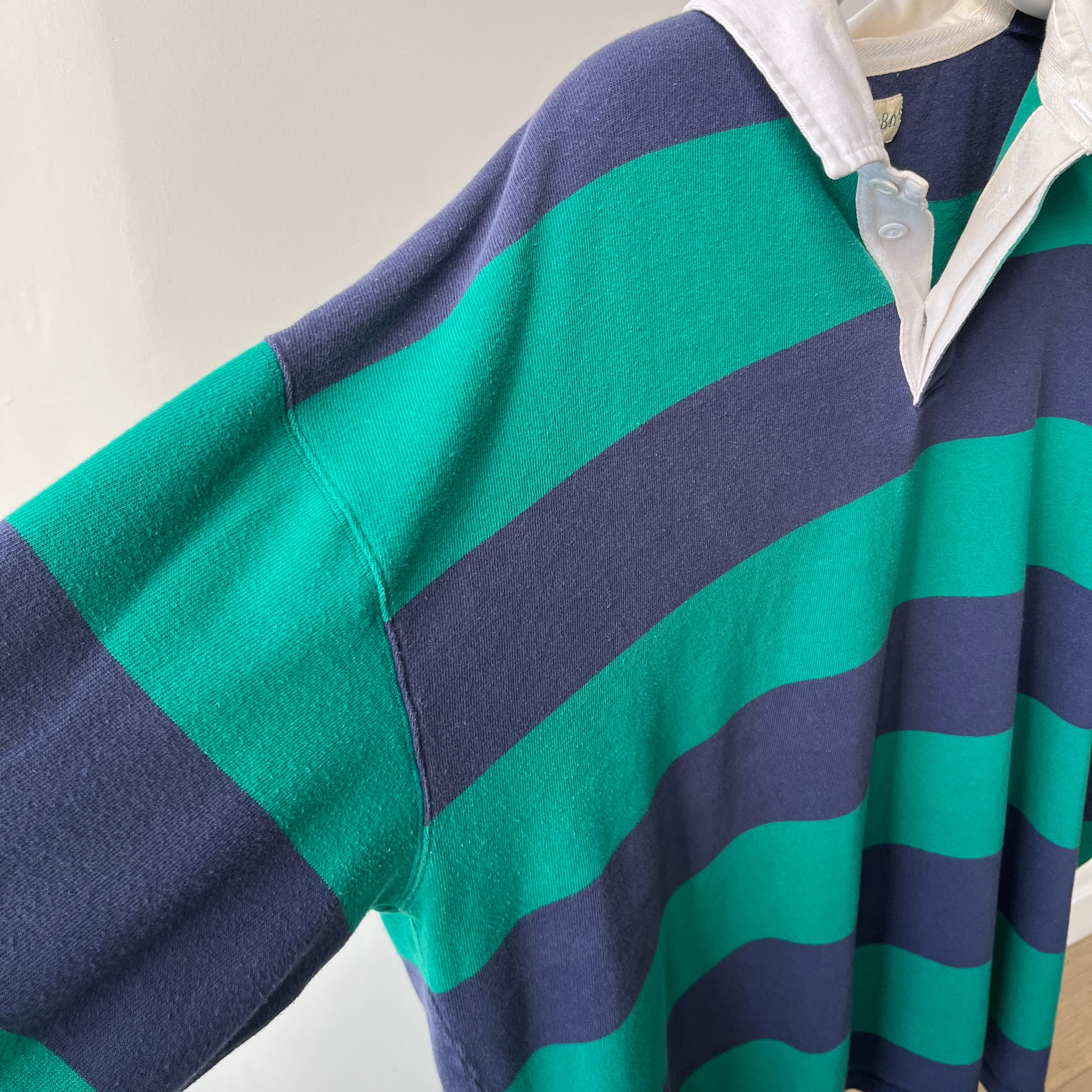 1980/90s Larger Soft and Slouchy Navy and Teal Rugby Shirt