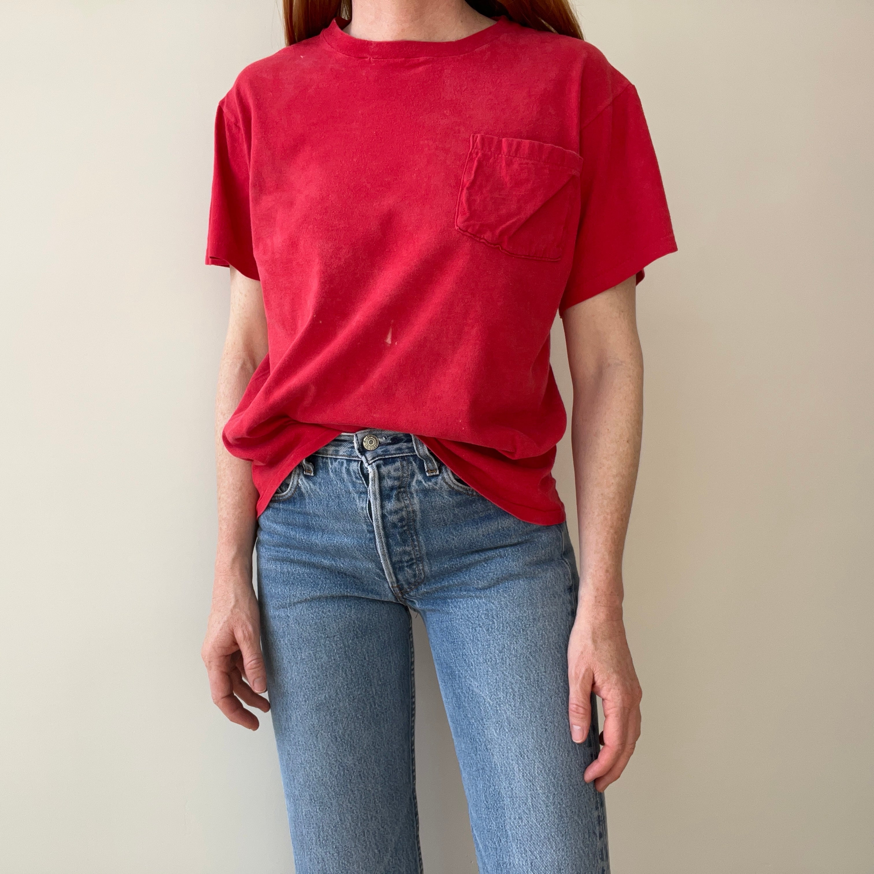 1980s Sun Faded and Bleach Stained Red Pocket Cotton T-Shirt