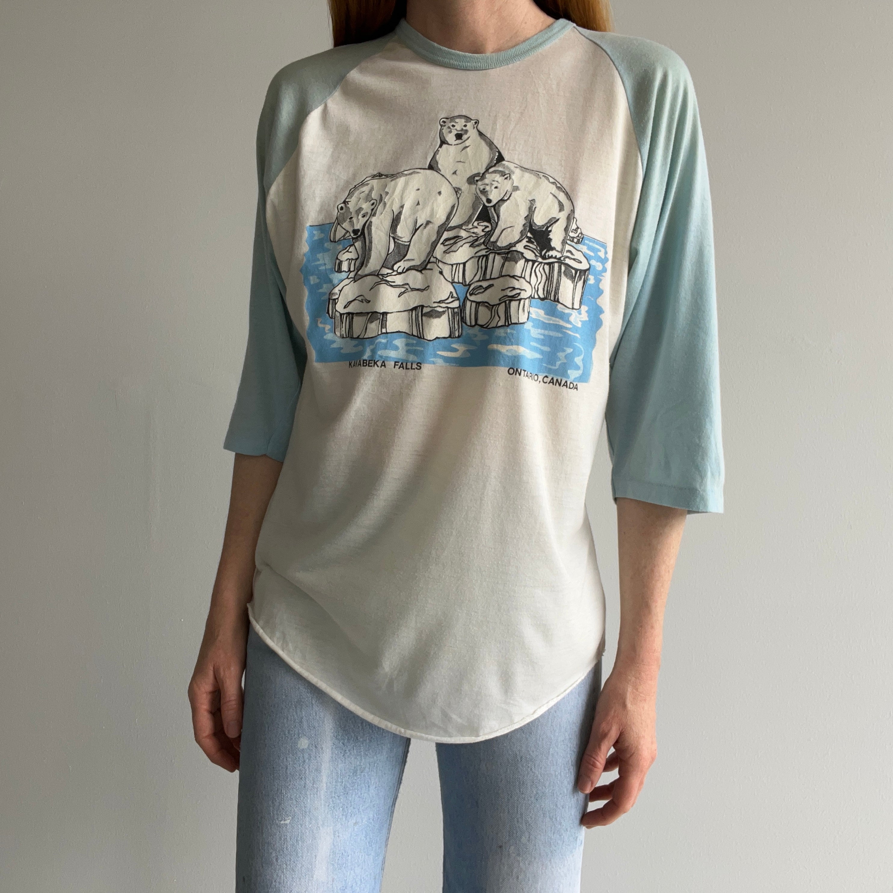 1970/80s Polar Bear Kakabeka Falls, Ontario Canada Aged Baseball T-Shirt