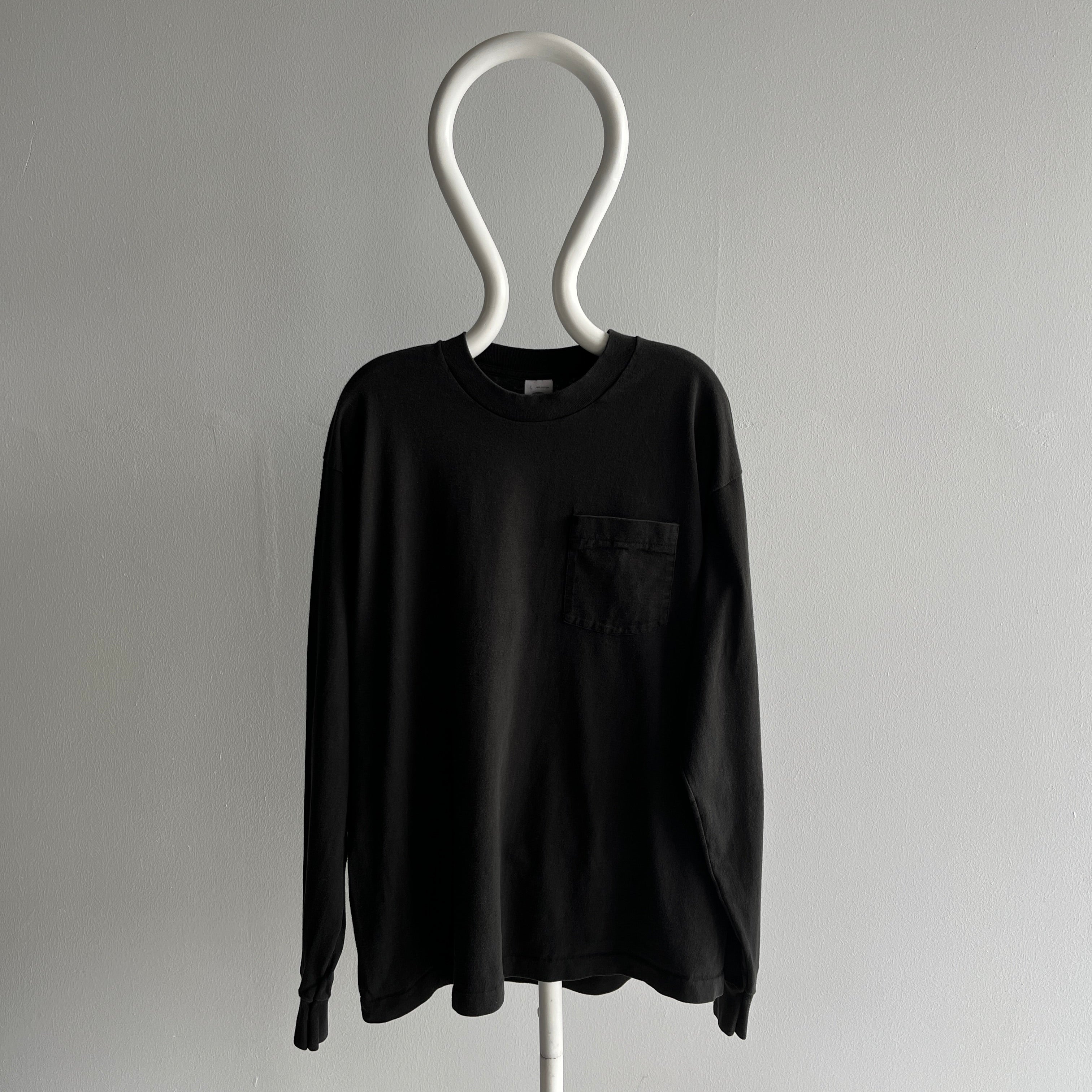 1990s Blank Black Long Sleeve Pocket T-Shirt