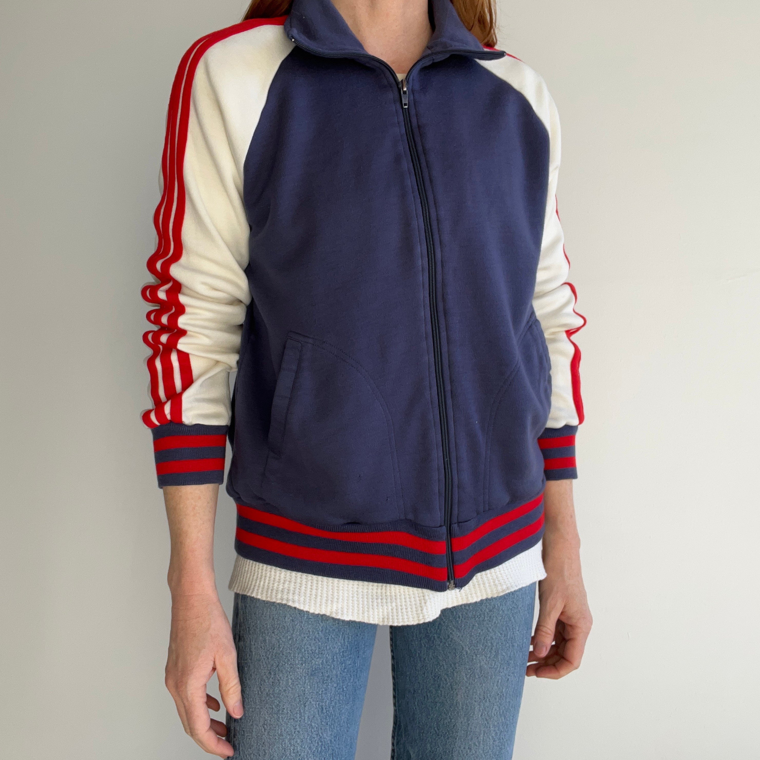 1980s Red (off) White and Blue Triple Stripe Super Duper Soft Zip Up