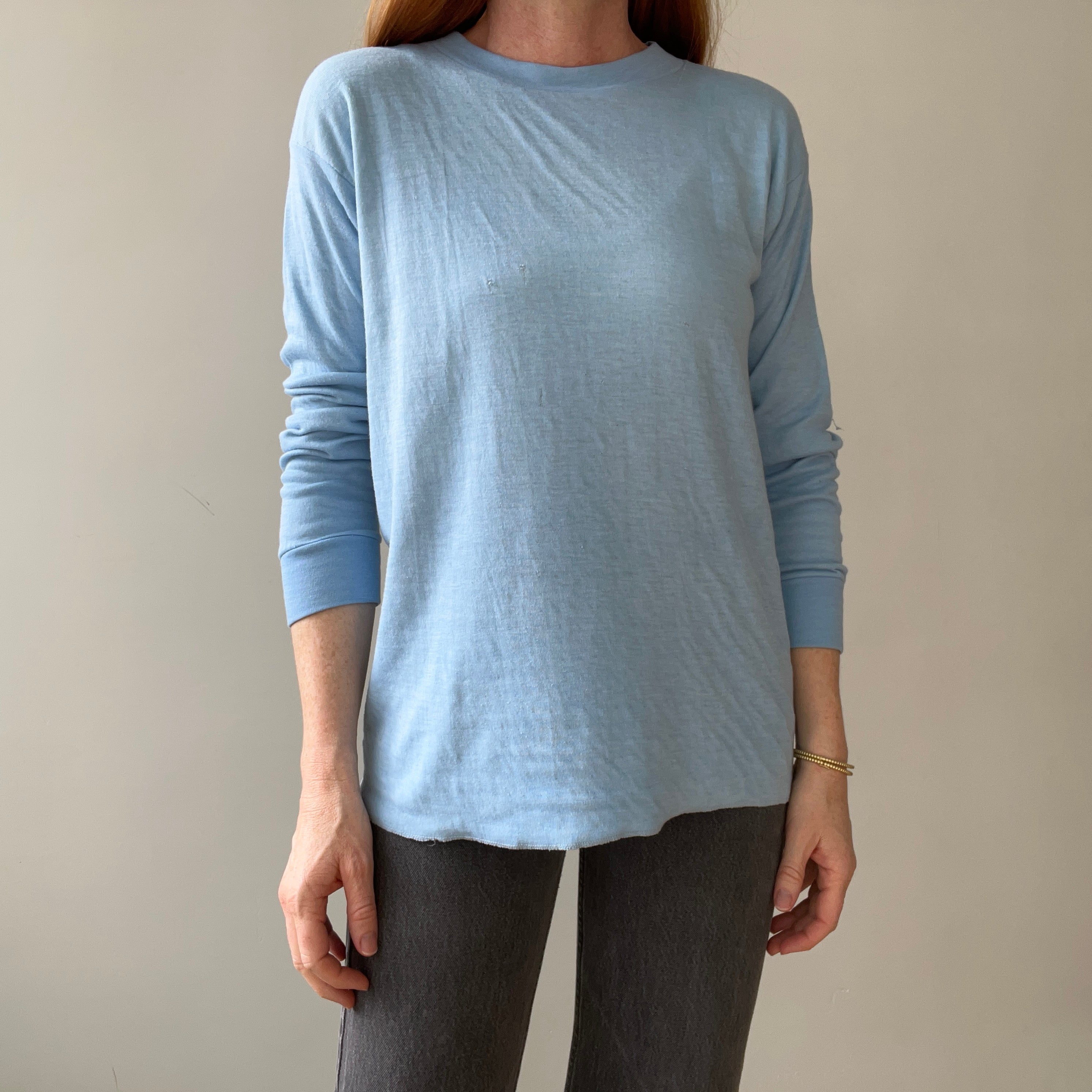1970s Blank Baby Blue Double Layered Long Sleeve Shirt - Long Johns Style