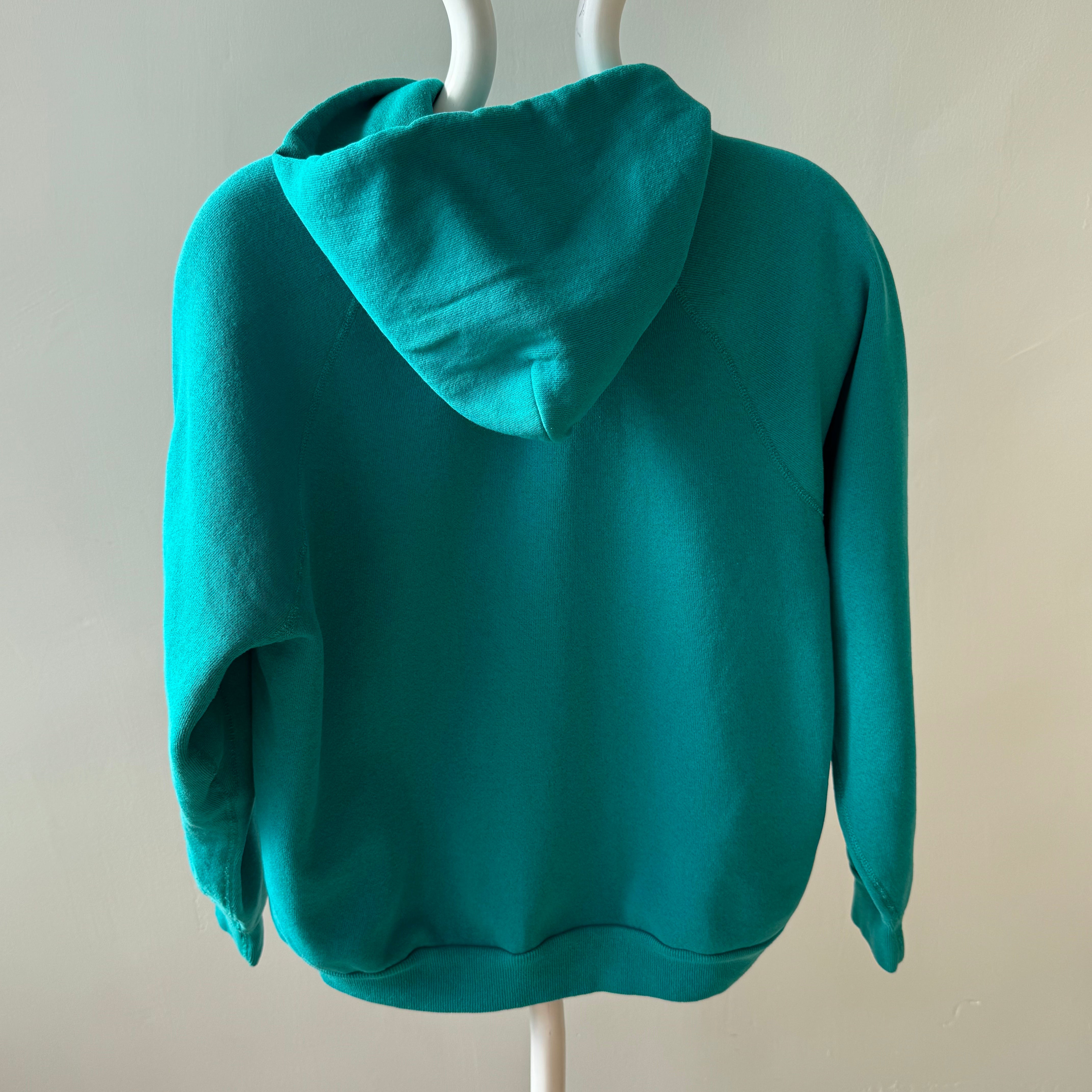 1980s Discus Medium Weight Luxury Teal Hoodie - IYKYK