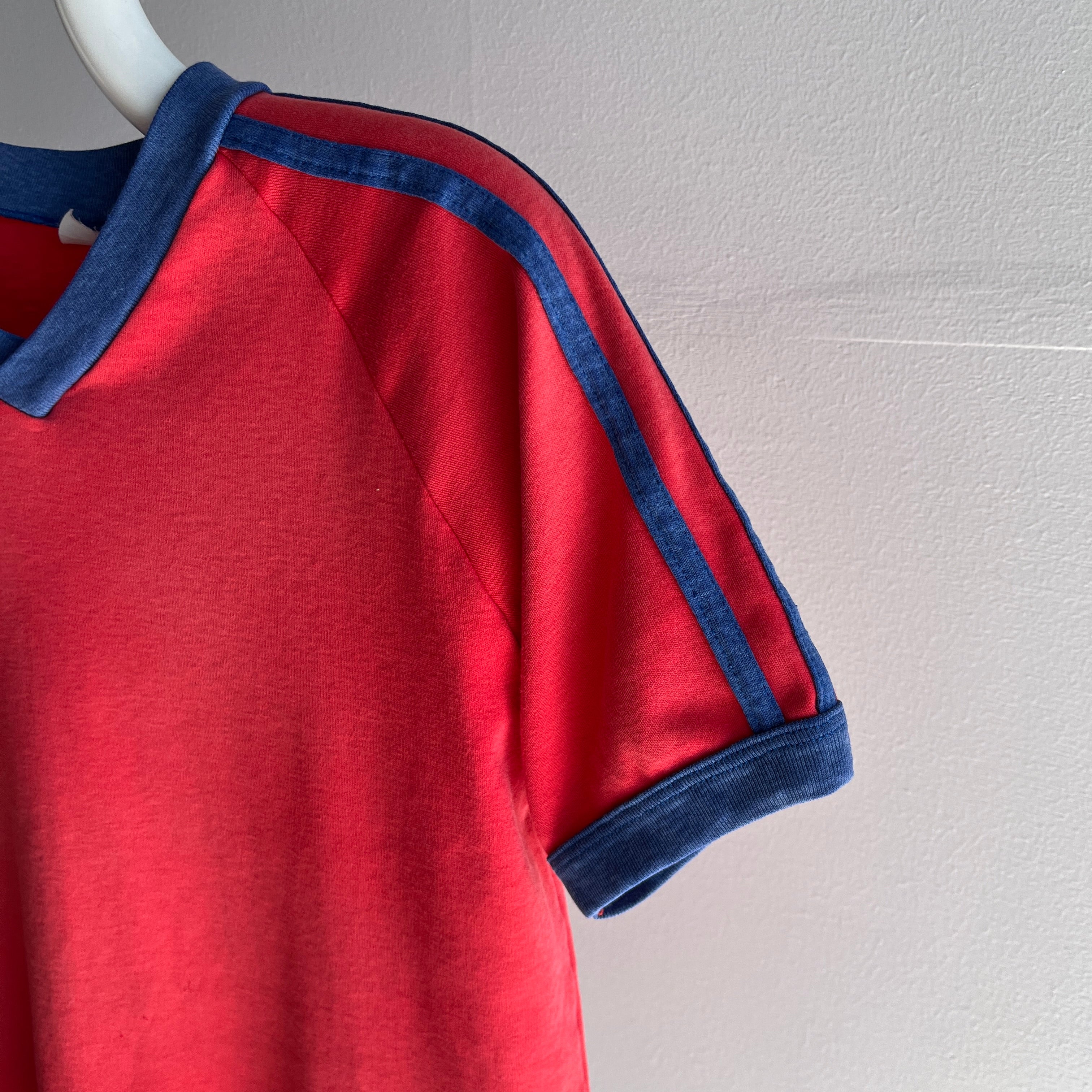 1970s Sun Faded Triple Stripe V-Neck Ring Tee