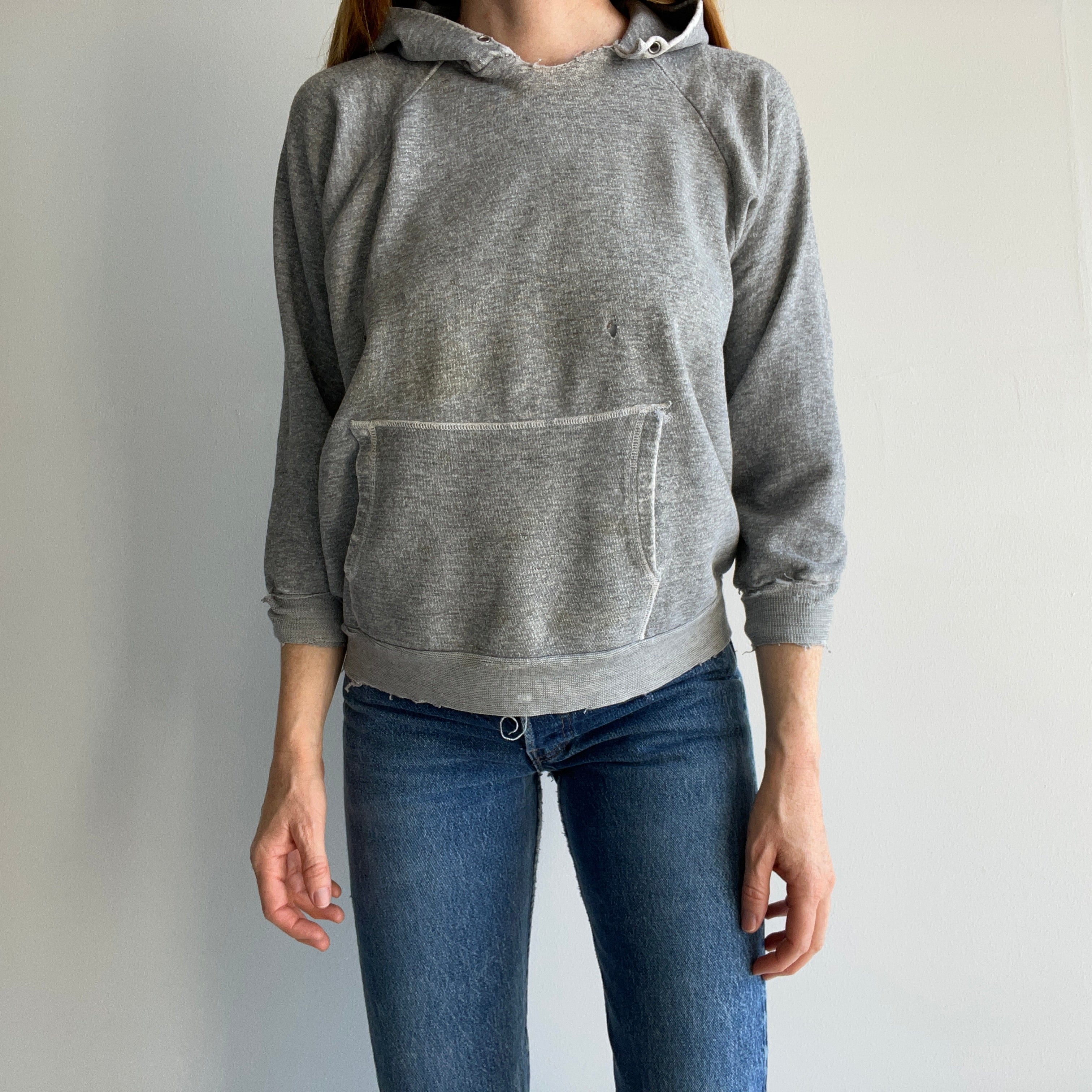 1970s Small Shredded and Stained Blank Gray Hoodie