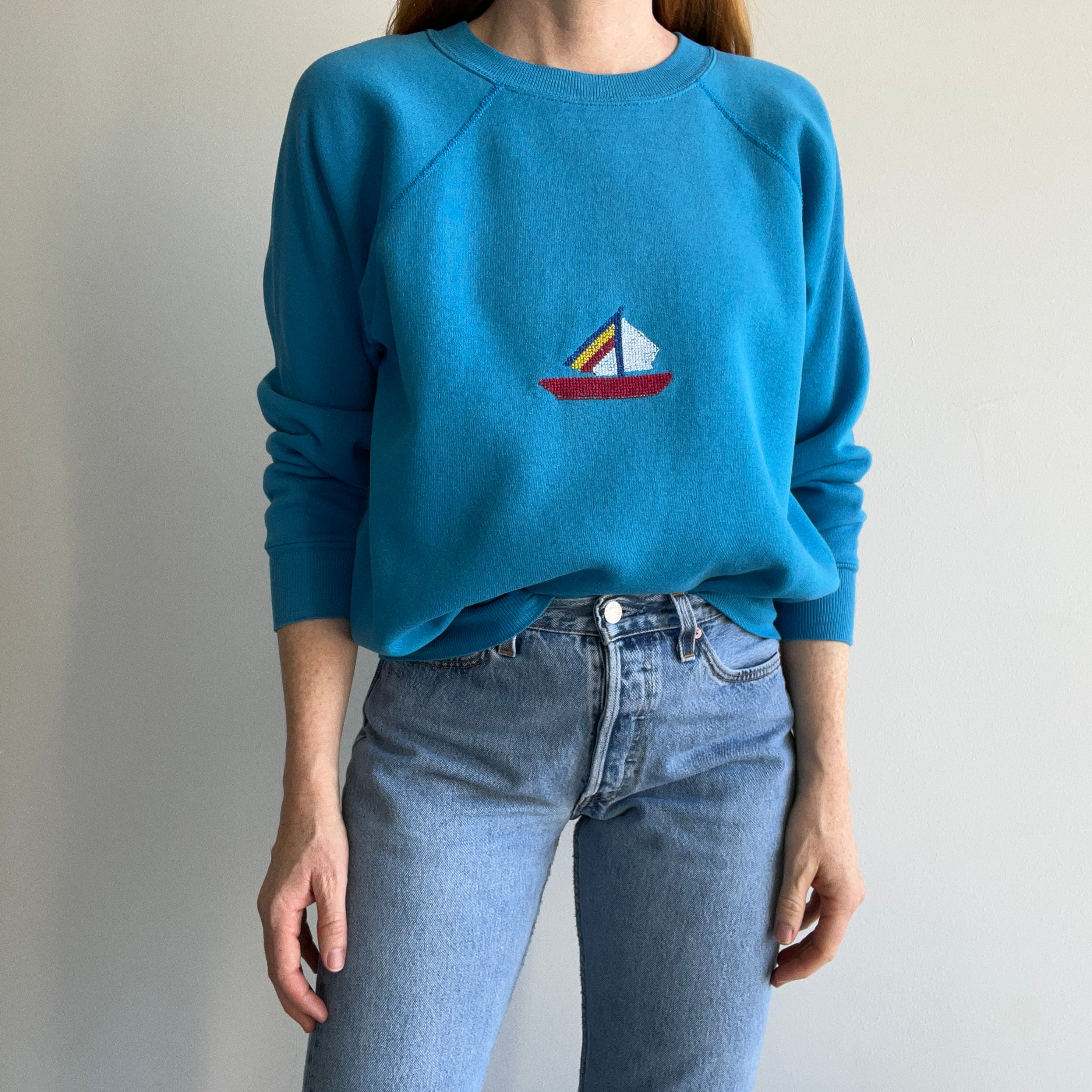 1980s DIY Needlepoint Sailboat Sweatshirt - Awwwwww