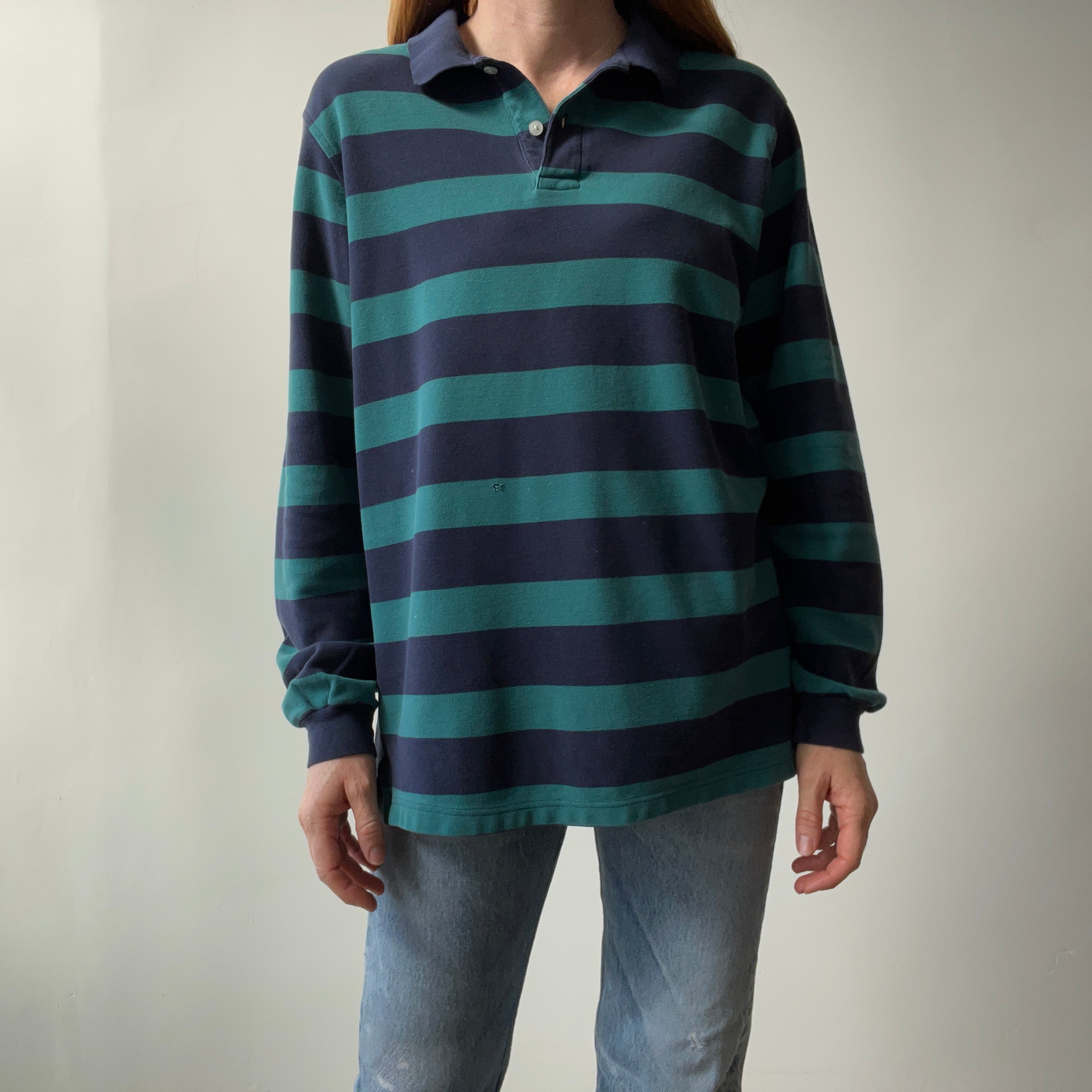 1990s Land's End Long SLeeve Striped Polo Shirt