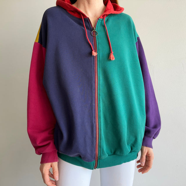 1980/90s Color Block Zip Up Hoodie - WOWZA