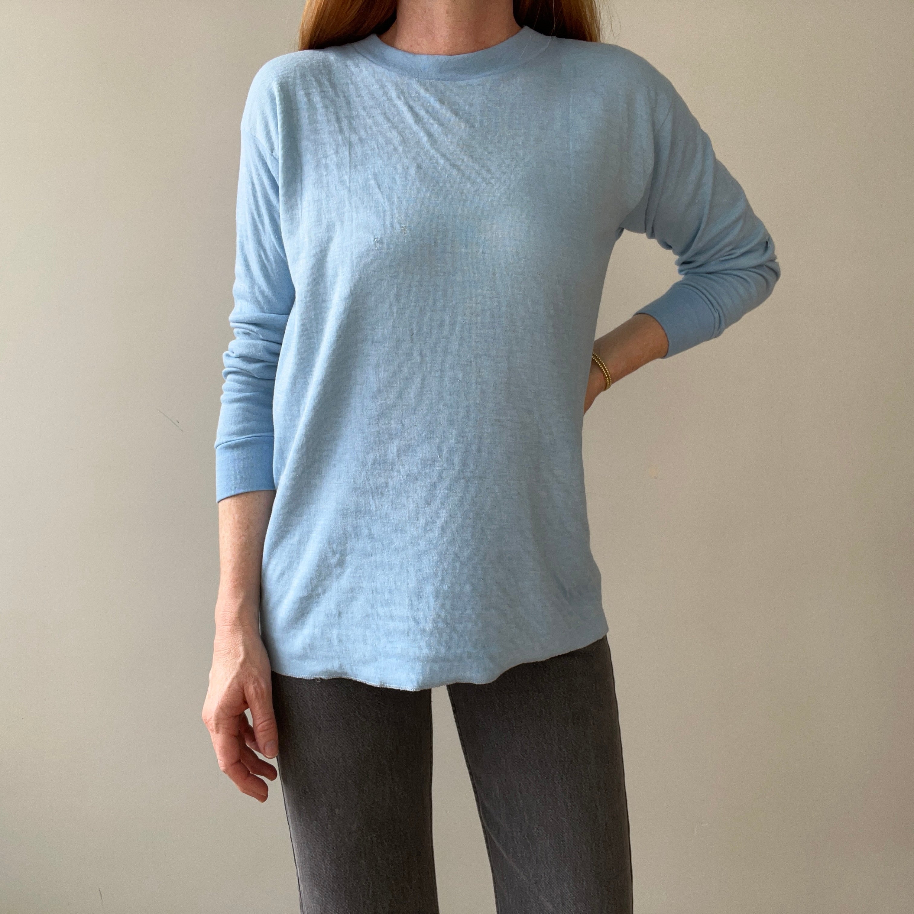 1970s Blank Baby Blue Double Layered Long Sleeve Shirt - Long Johns Style