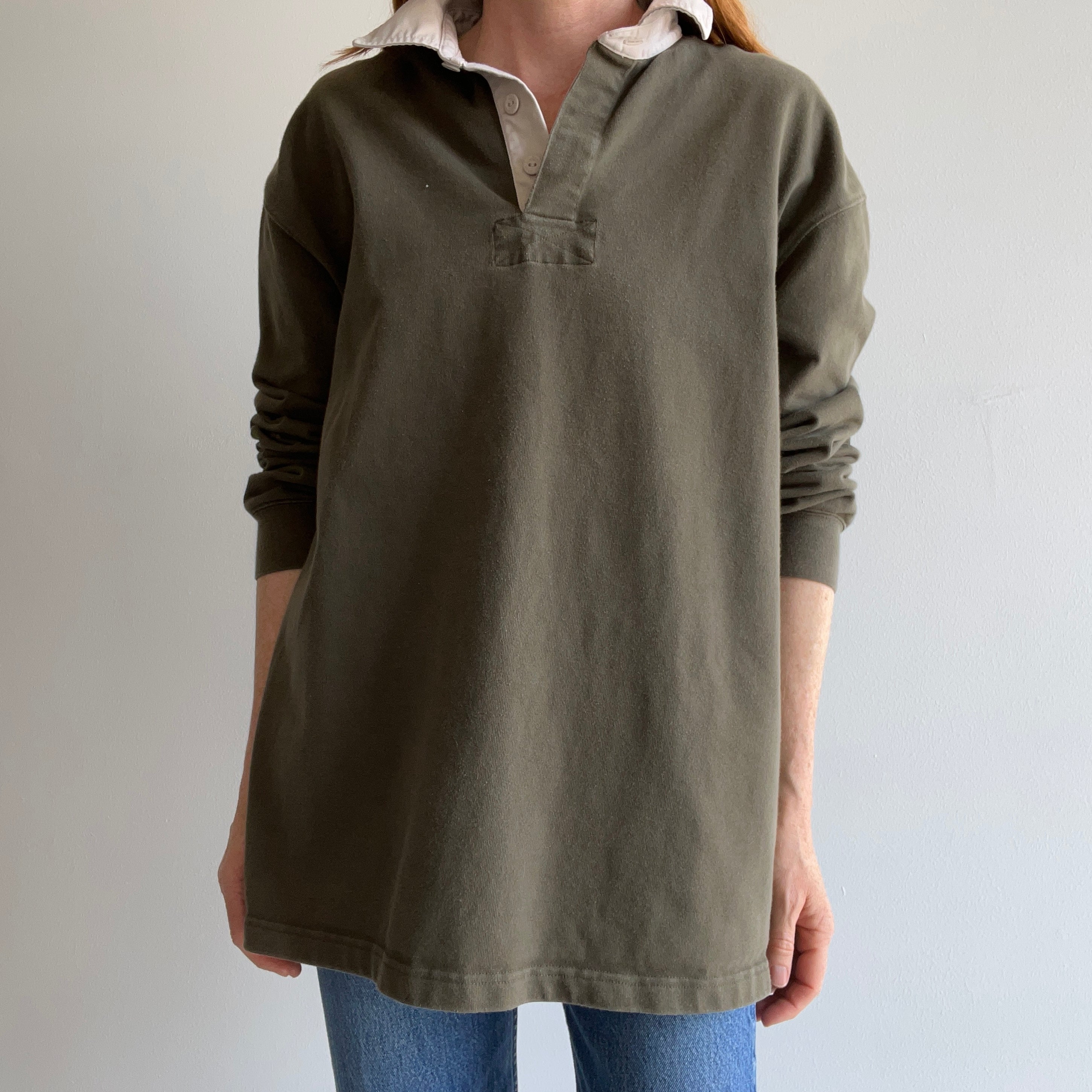 1990/2000s L.L. Bean Olive Green and Natural Heavyweight Cotton Rugby Shirt