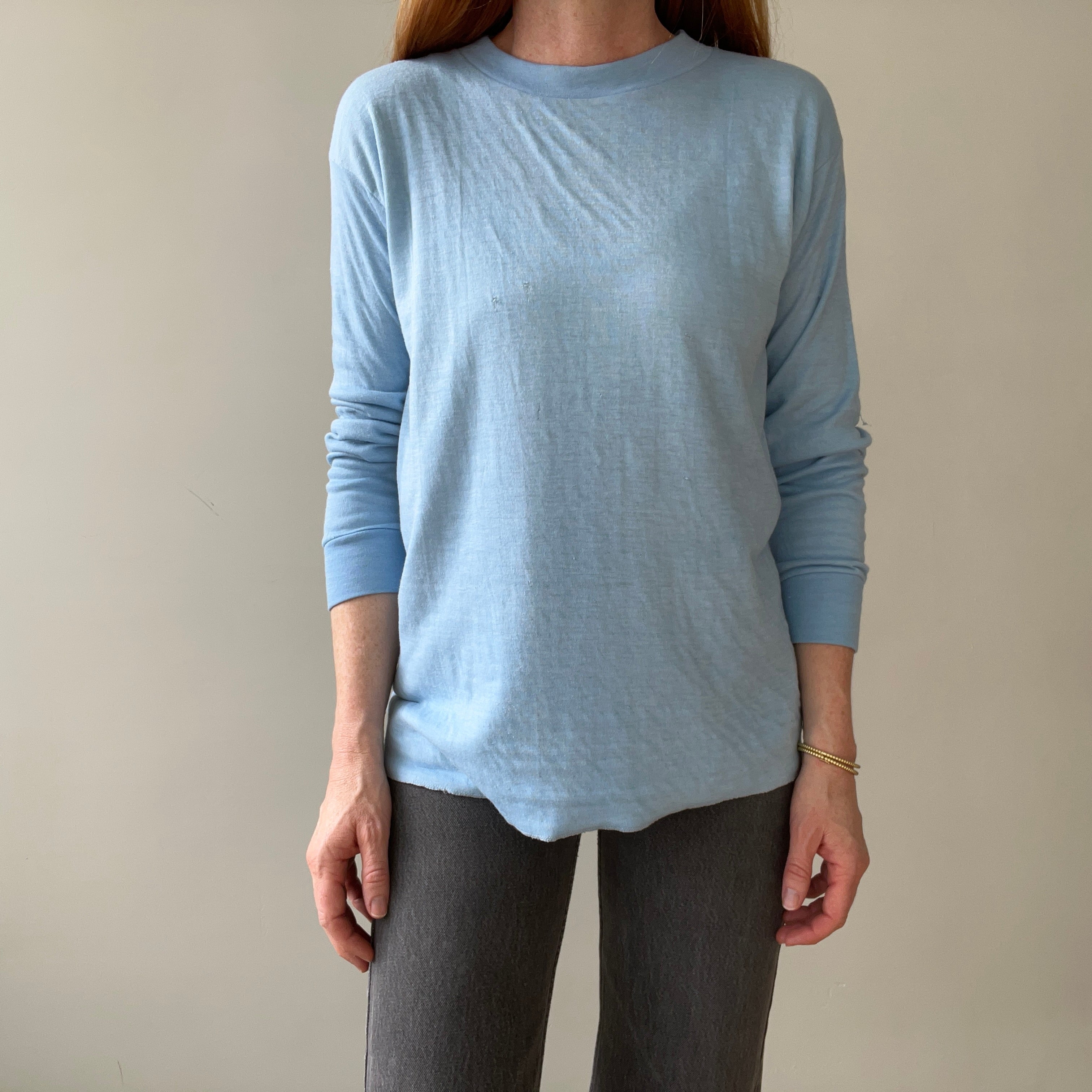 1970s Blank Baby Blue Double Layered Long Sleeve Shirt - Long Johns Style