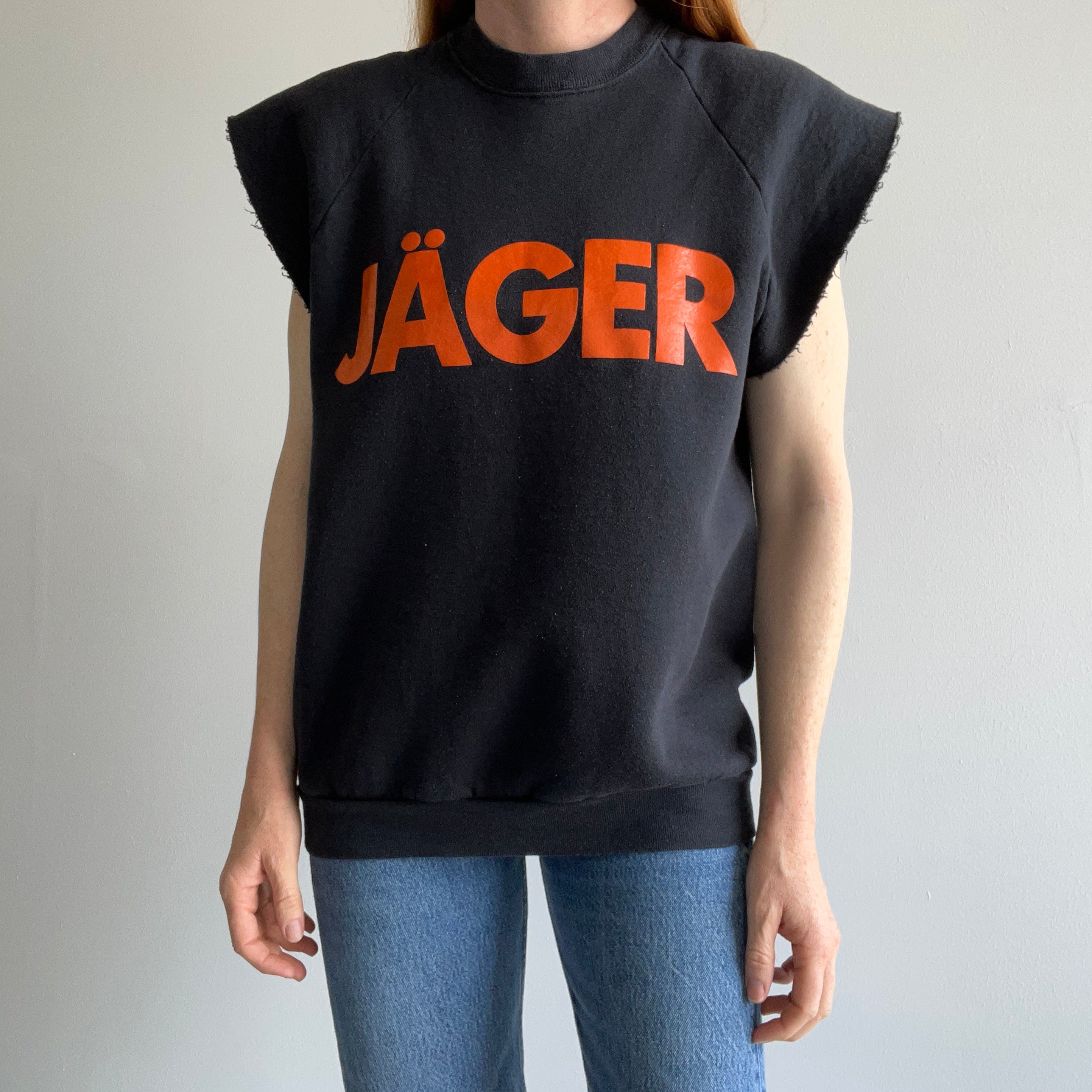 1980s Jager Staff Cut Sleeve Warm Up Sweatshirt