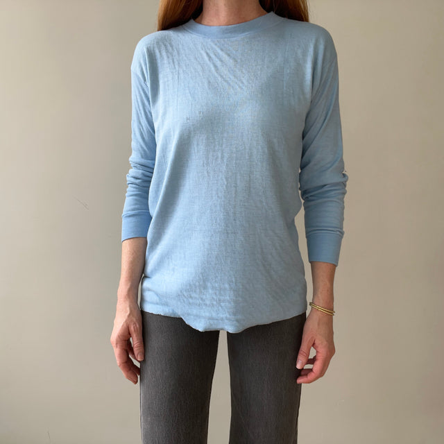1970s Blank Baby Blue Double Layered Long Sleeve Shirt - Long Johns Style